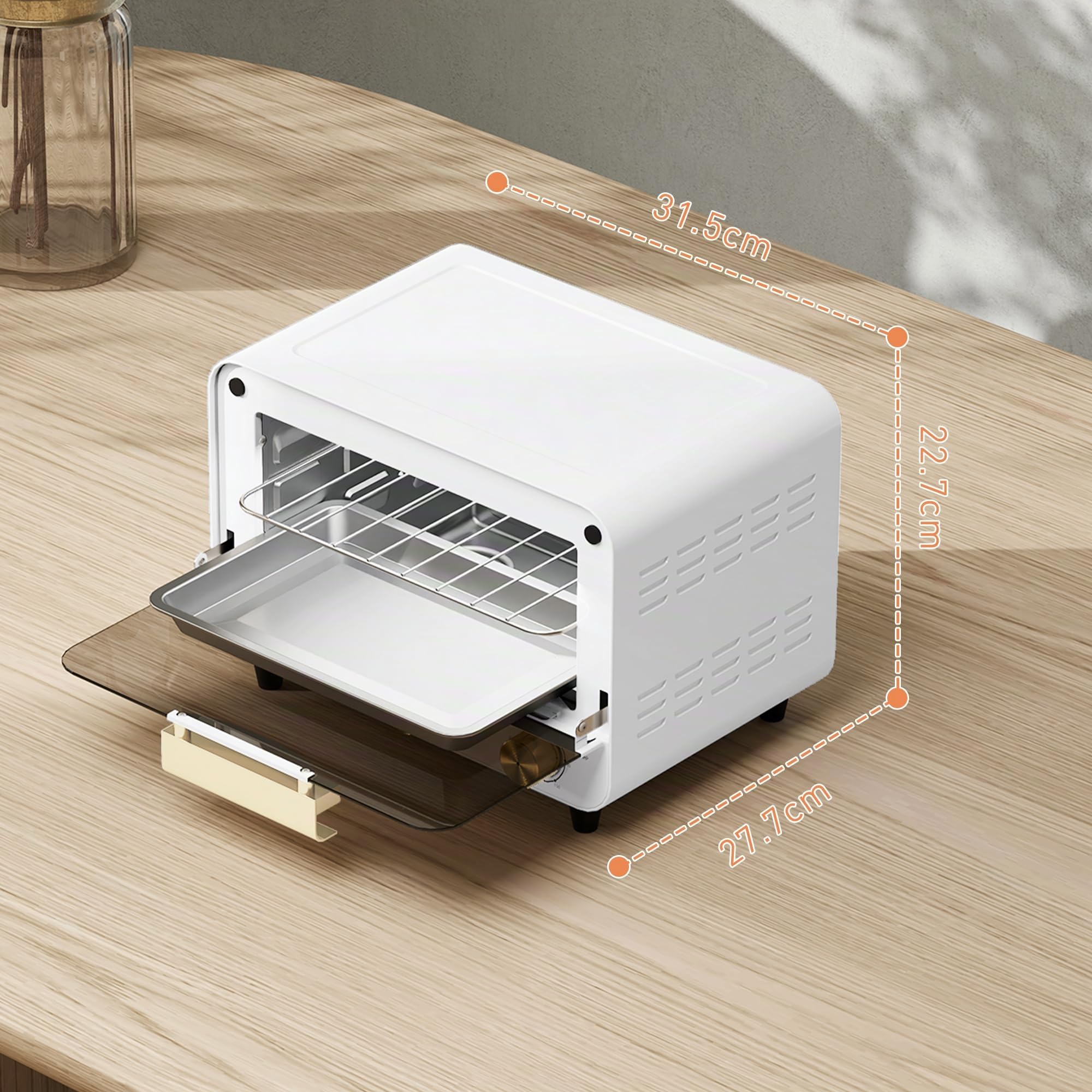 HOMCOM Horno Eléctrico 12L de 2 alturas con Temporizador y Temperatura Ajustable, Mini Horno de Acero Inoxidable, Cristal y Plástico, 31,5x27,7x22,7 cm, Blanco y Dorado