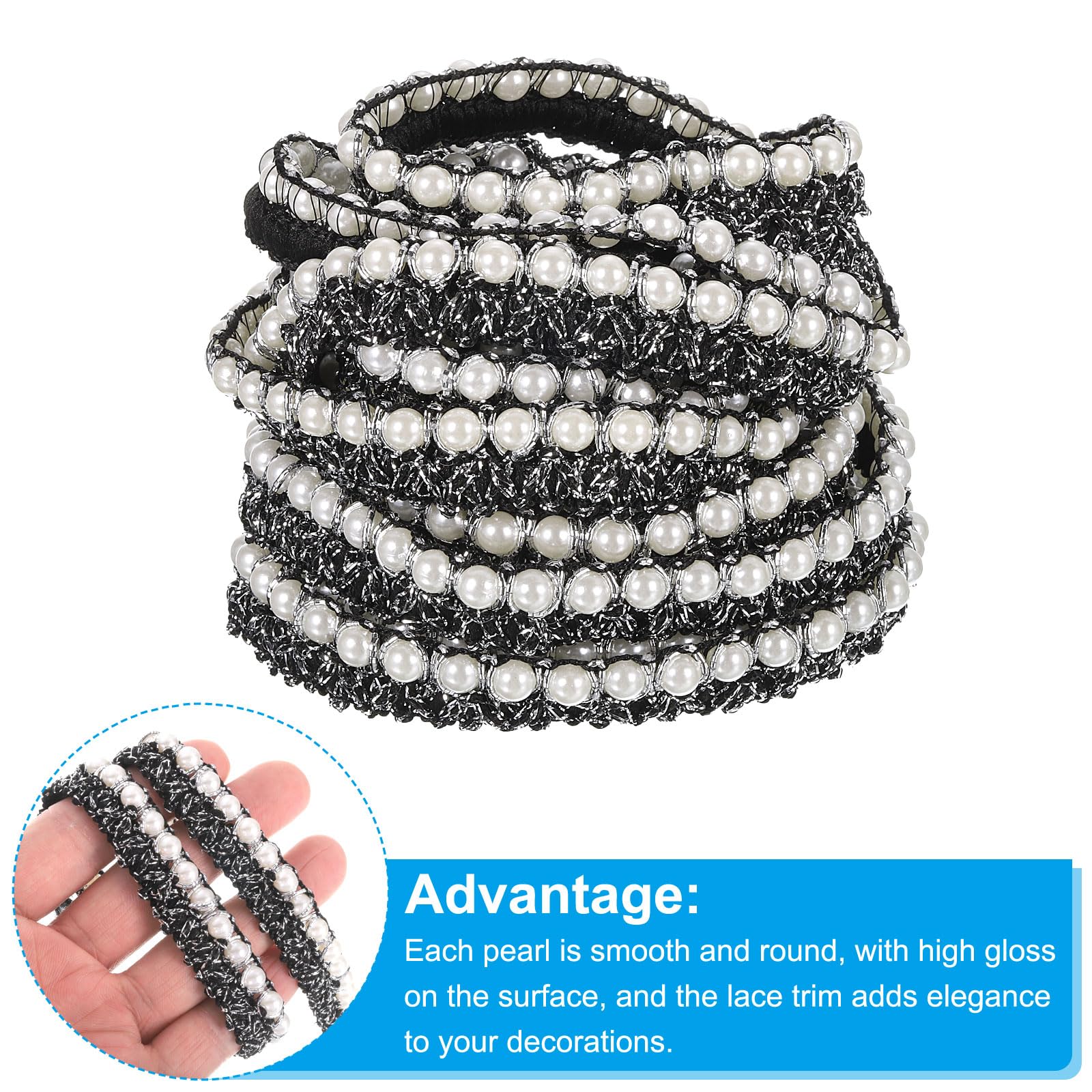 PATIKIL 5 Yard Faux Pearls Lace Ribbon, Black Silver Plastic, Classic Pearl Style, Formal/Special Event Occasion - Image 3