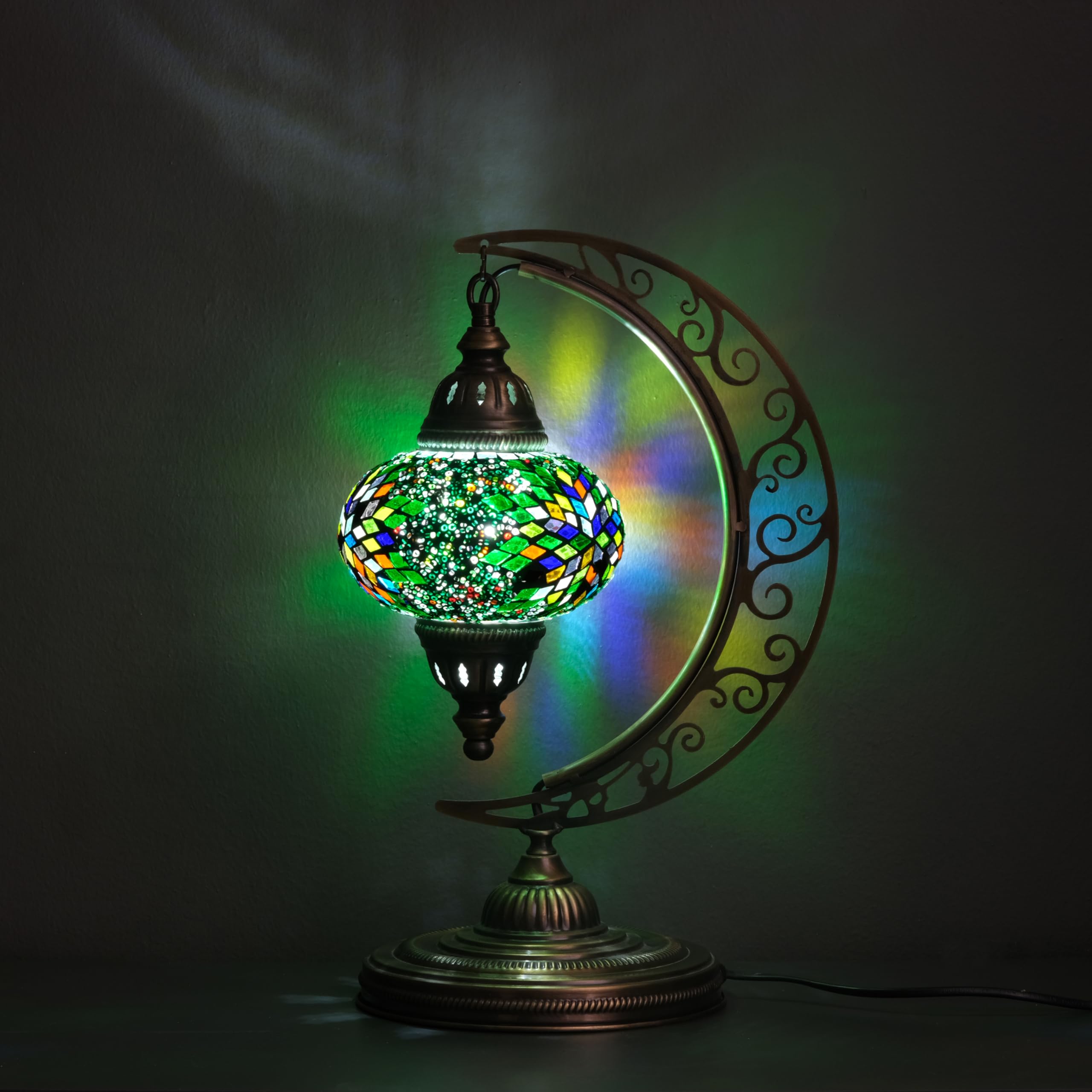 Turkish Moon Lamp, Mosaic Moroccan Table Lighting, Standing Turkish Lamp, Decor Home Floor Lighting Accessory, Total Dim. 7.5 x 11 x 18 inches (Green)