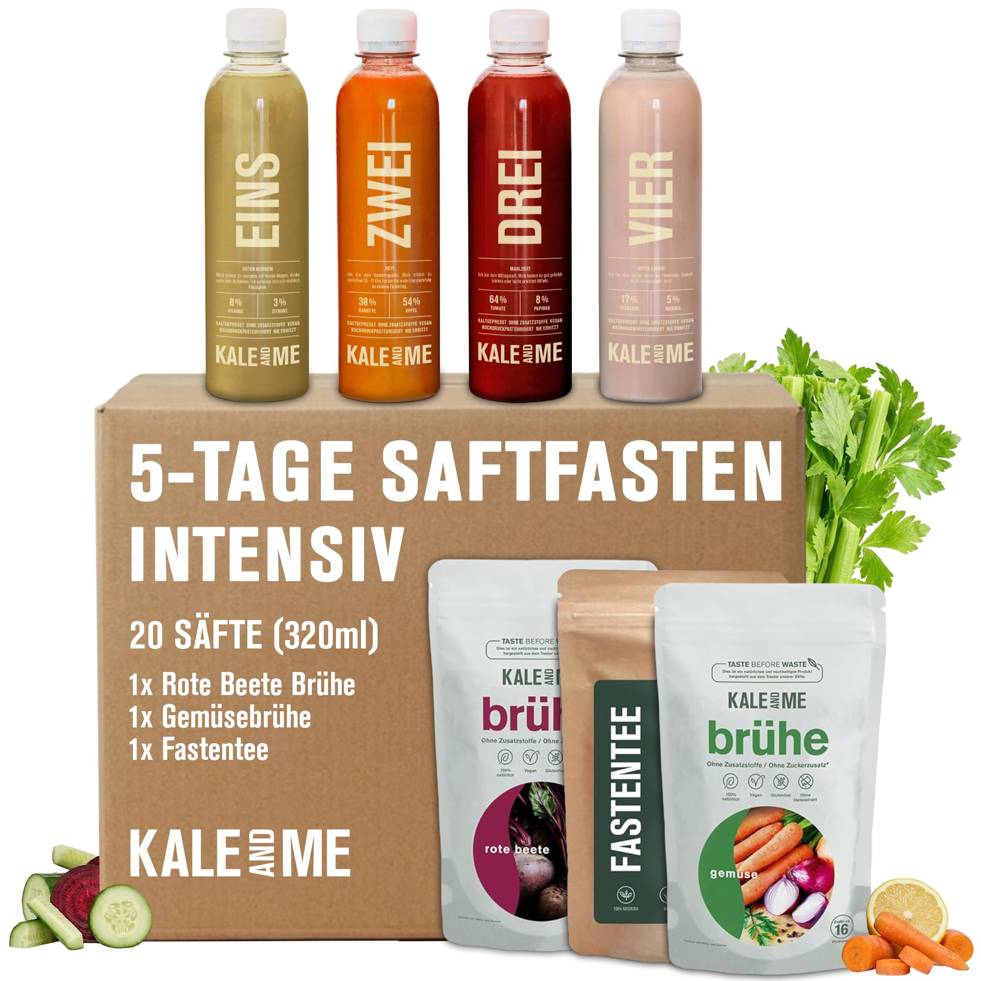 Kale&Me Saftfasten Intensiv 5 Tage – 20 nummerierte Flaschen mit je 320 ml | komplettes Programm mit Säften, Brühe & Fastentee, vegan, ohne Zusatz- & Konservierungsstoffe, mit Kurguide