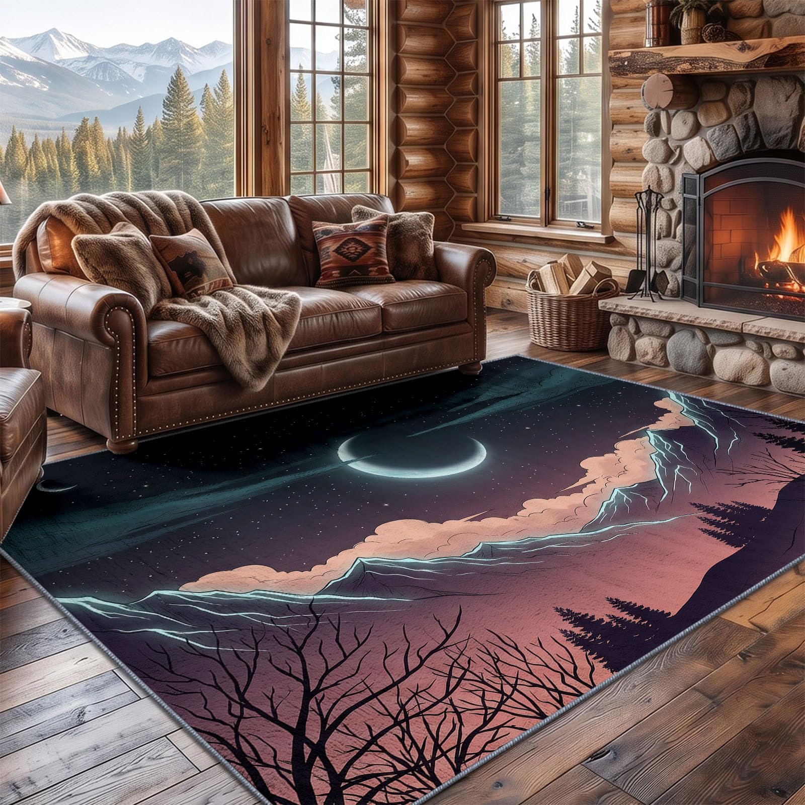 Générique Tapis Poil Ras Salon Illustration Doux Moquette Chambre 140 x 200 cm, Lavable Descente De Lit Rouge pour Cuisine, Salle à Manger, Bureau Couloir-Tapis Lune Forêt Arbres Dénudés
