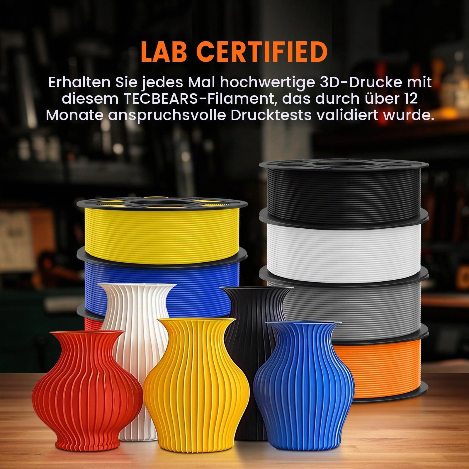 TECBEARS PETG Filament 1.75 mm Bündel Multicolor 10KG, 1.75mm PETG 3D Filament, 1kg/Spule,10 Packung (Schwarz, Weiß, Transparent, Grau, Rot, Blau, Grün, Orange, Lila, Schokolade)