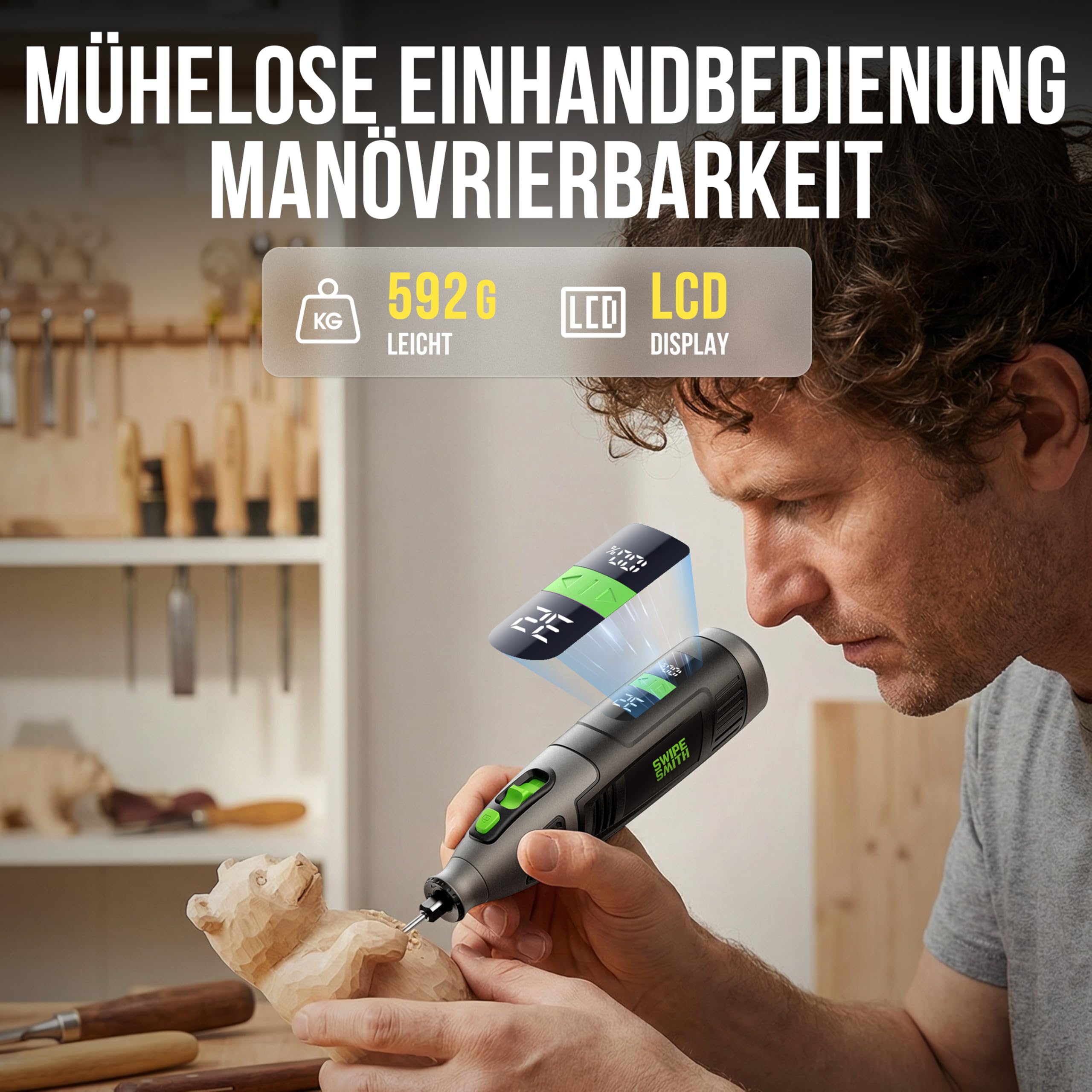 Multifunktionswerkzeug Akku, 28 Einstellbare Geschwindigkeiten mit LCD Display, variable Drehzahl 8000–32000 U/min, Rotationswerkzeug mit 40 Zubehörteilen