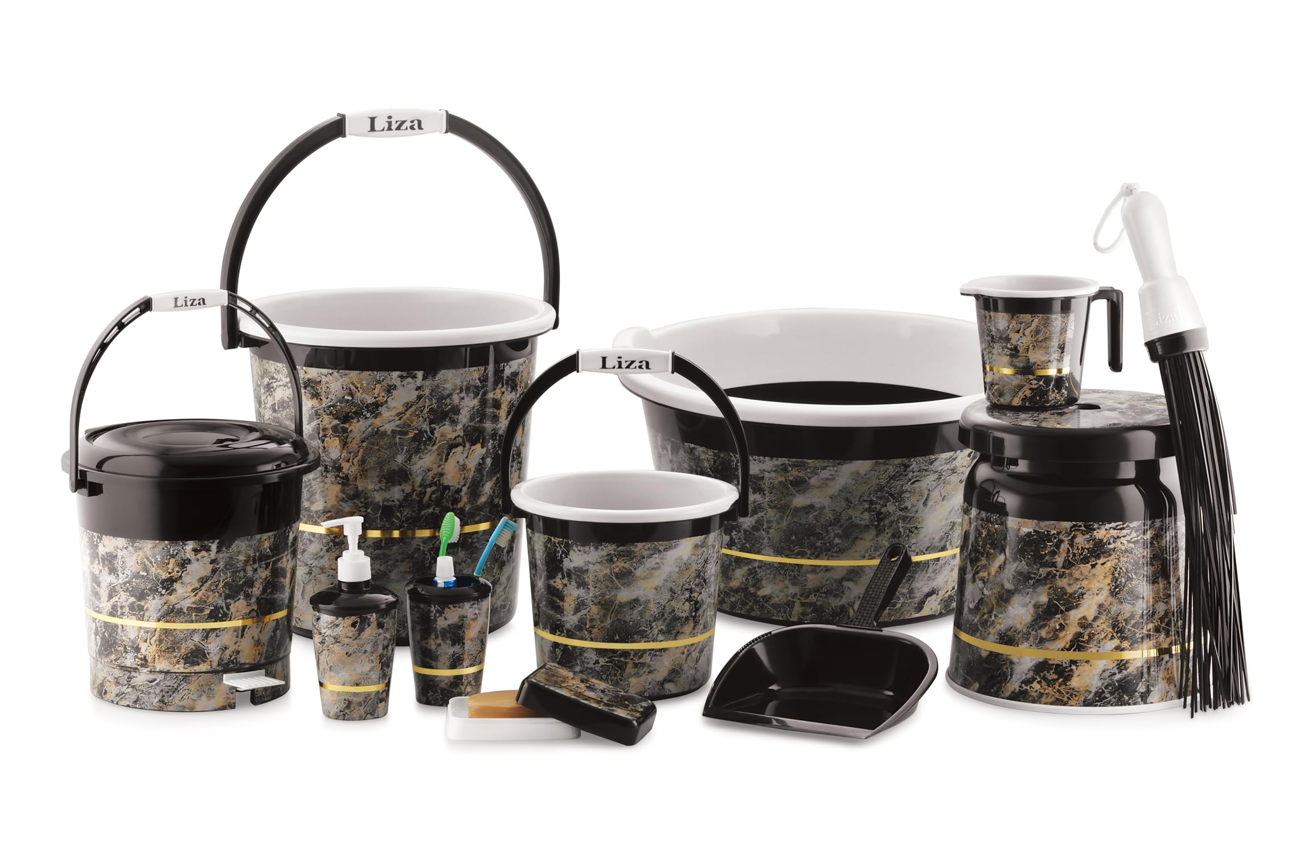 Liza Orry - 11 pcs Bathroom Accessories Set Plastic Bath Set Bathroom 20 LTR. Bucket, 1 LTR. Mug Combo Set for Home Bathroom Set. (Granite Black)