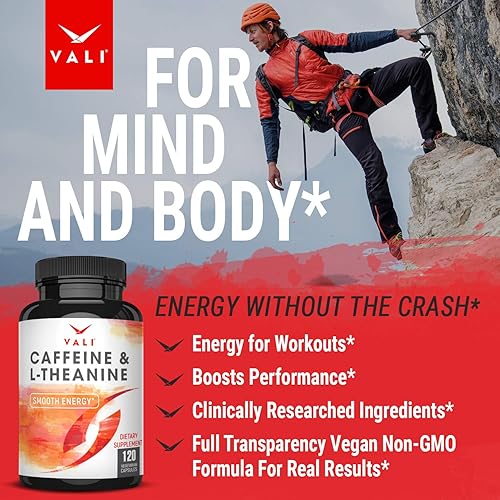 Miniatura 6 de VALI Cafeína 50 mg y L Teanina 100 mg - Píldoras de cafeína y L-teanina para un suplemento inteligente de energía y enfoque. Refuerzo cerebral