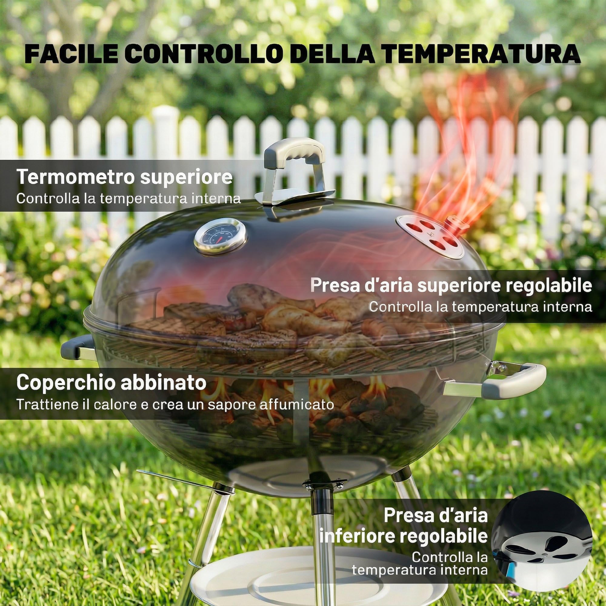 Outsunny Barbecue Carbonella Rotondo Kettle, BBQ Carbonella Portatile con Coperchio, Griglia Ø53.5cm, 2 Scatole Carbone, Ripiano, Termometro, Sfiati Regolabili, Portacenere, Manici, Ruote per Giardino