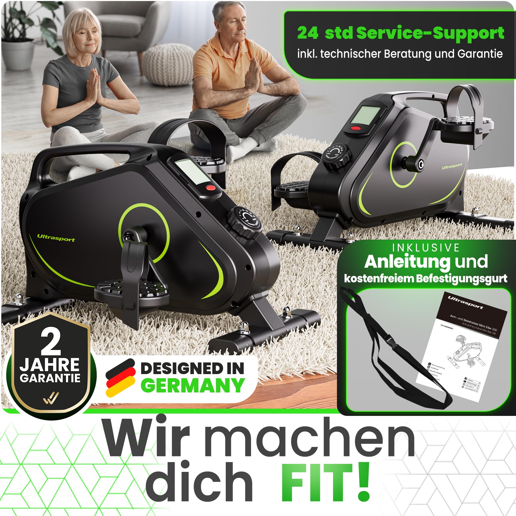 Ultrasport Pedaltrainer für Zuhause 16 Stufen inkl. Antirutsch-Matte und Gurt I CE Zertifiziert, Extraleiser Arm- und Beintrainer im Sitzen I Deskbike, Schreibtisch Fahrrad, Grün