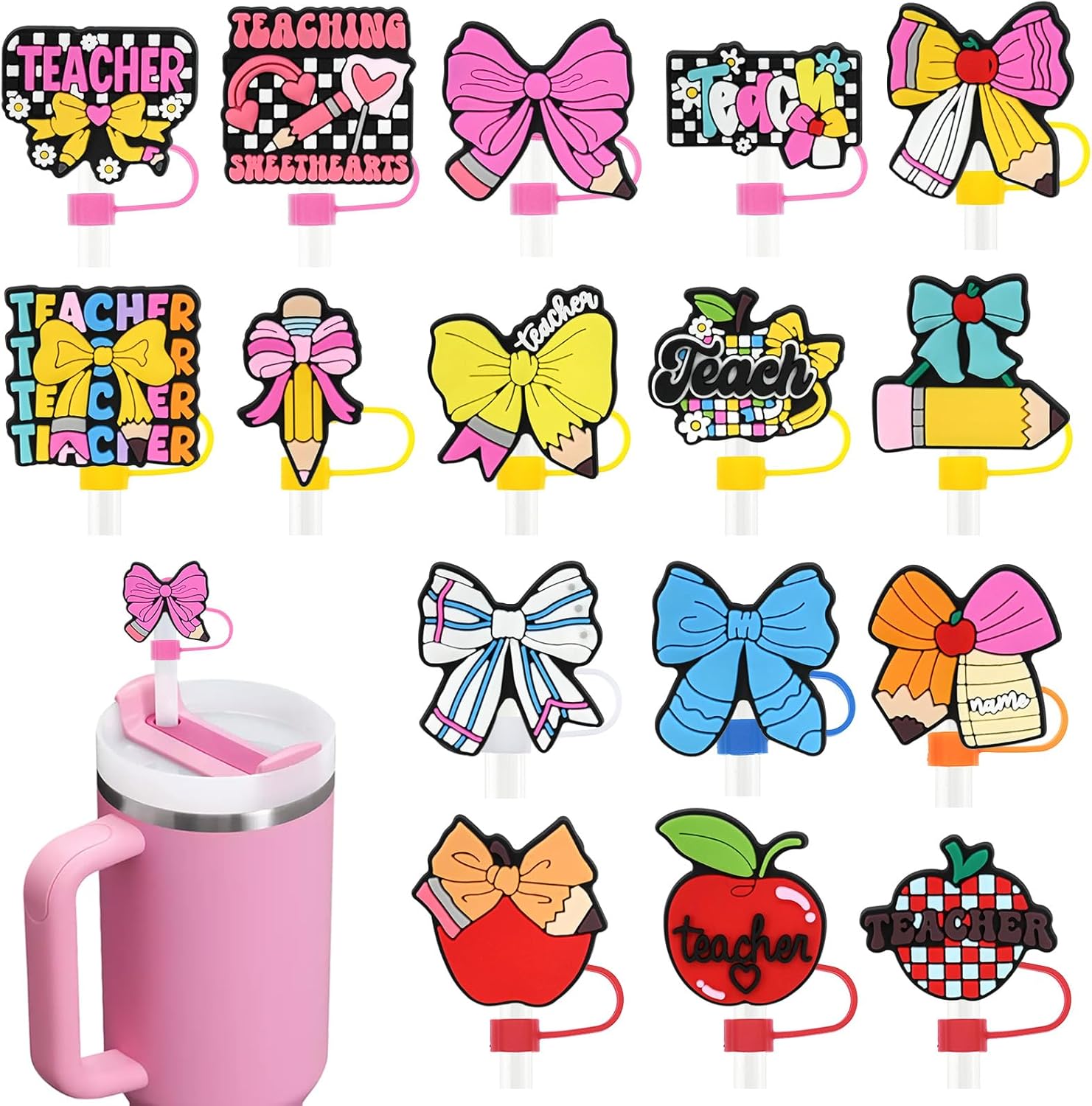 16 PCS Teacher Straw Covers Cap for Tumblers,10mm 0.4in Straw Topper for Stanley Cup 30&40oz Stanley Cups Accessories Gifts For Women Party Favors
