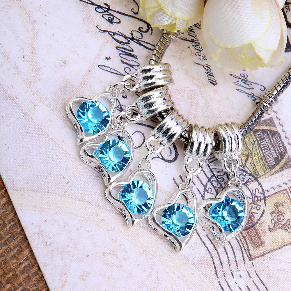 5 Charms Ciondoli A Fiore Con Cristalli Cechi – Blu Acquamarina, Per Bracciale Europeo, Argento Lucido