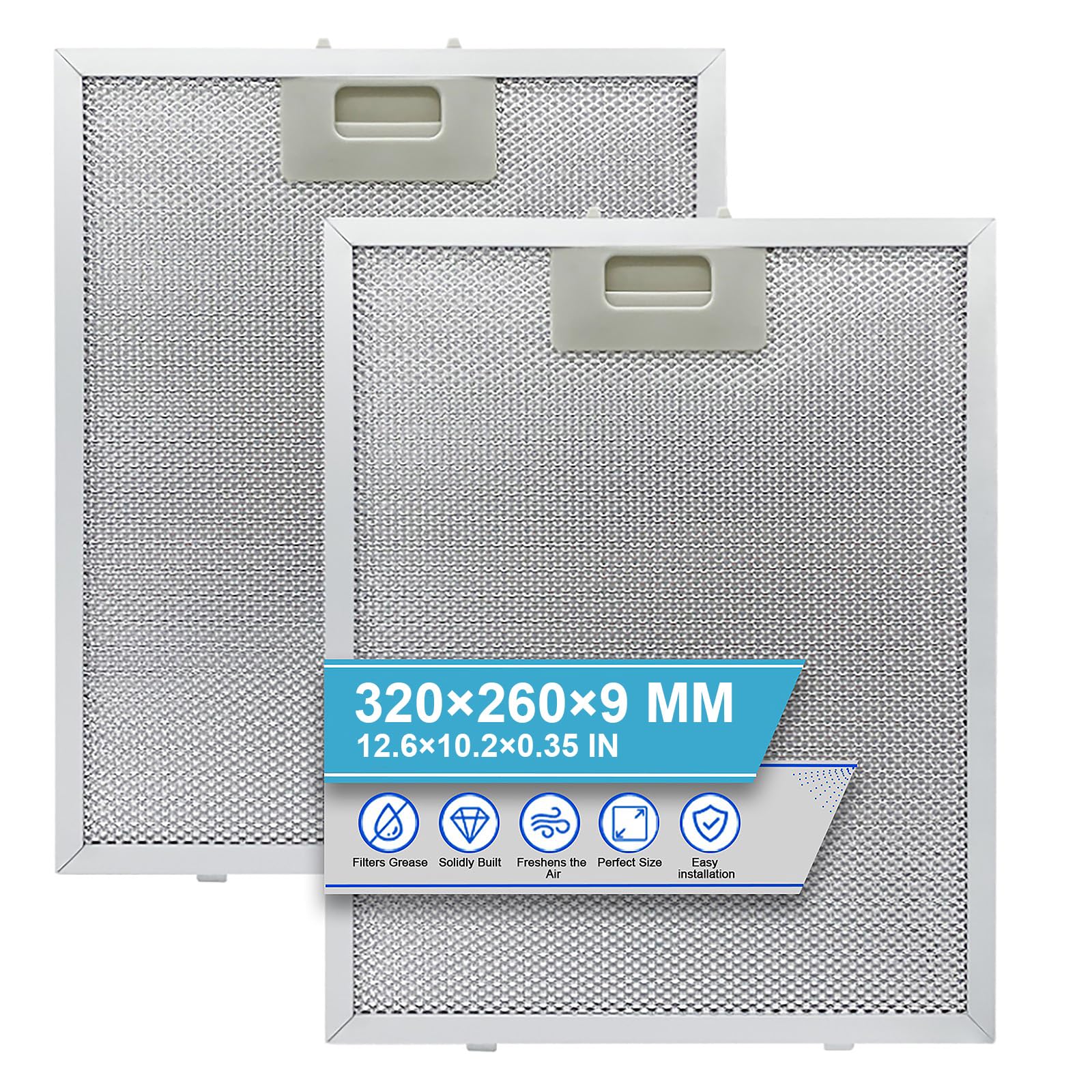 2Pcs Cooker Hood Filter Metal Hood Grease Filter 320x260x9mm 5-Layer Aluminum Universal Extractor Fan Filter Mesh Hood Vent Filter for Cooker Hoods