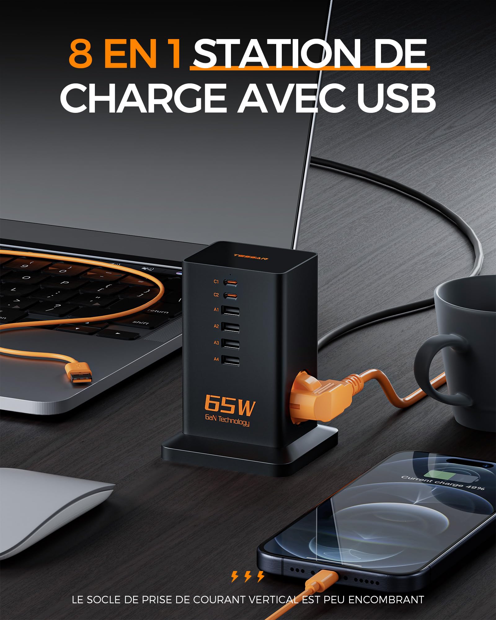 TESSAN Bloc Chargeur USB C Multiple, PD 65W Chargeur Rapide GaN avec 6 Ports (4 A et 2 C) et 2 Prises, Prise USB Secteur, Station de Charge avec câble 2m pour Le Bureau et Les Voyages