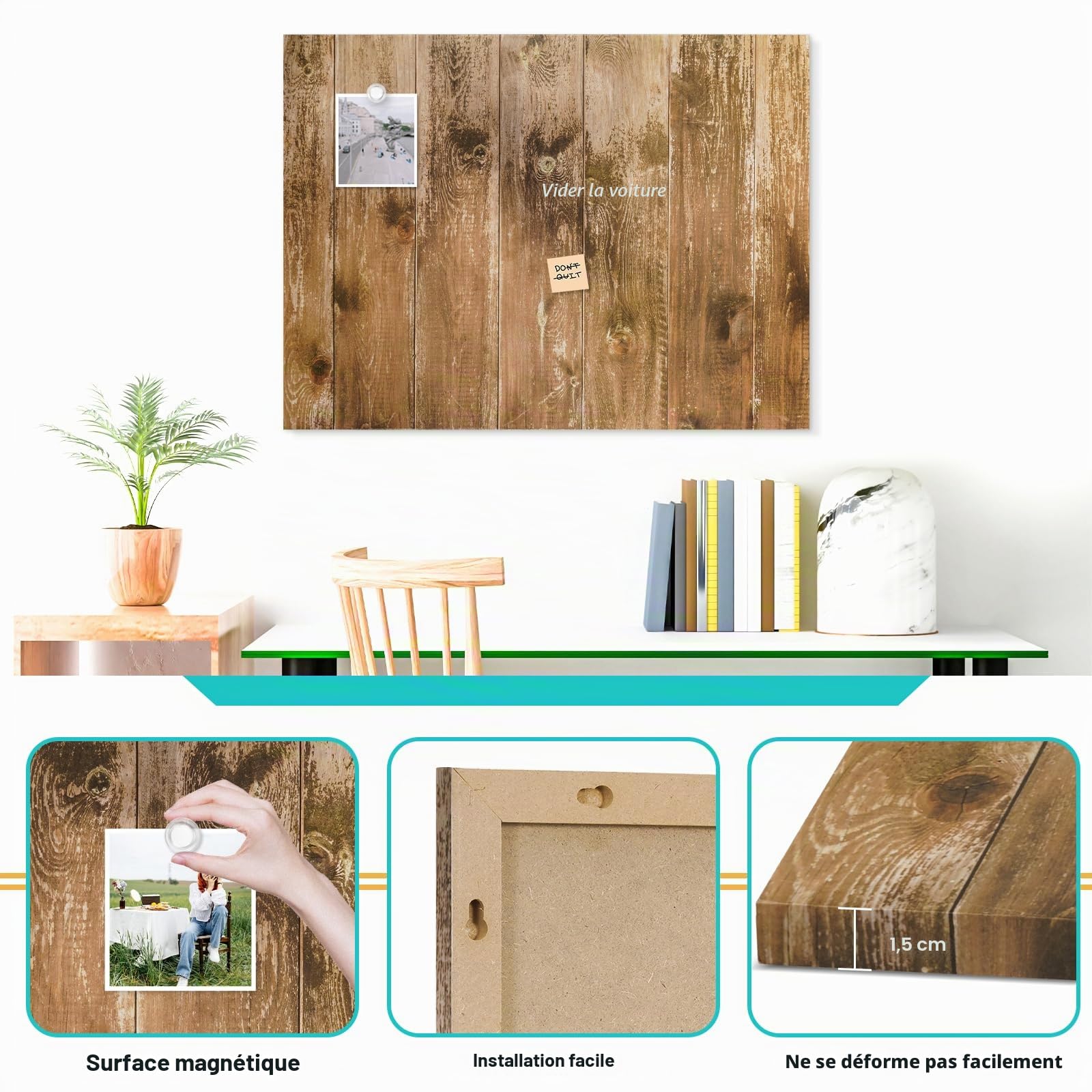 DOLLAR BOSS Tableau blanc magnétique 45x60 cm, tableau mural decoratif | tableau pour magnet, avec 6 aimants 2 stylos, essuyer avec un chiffon humide, planches en bois marron
