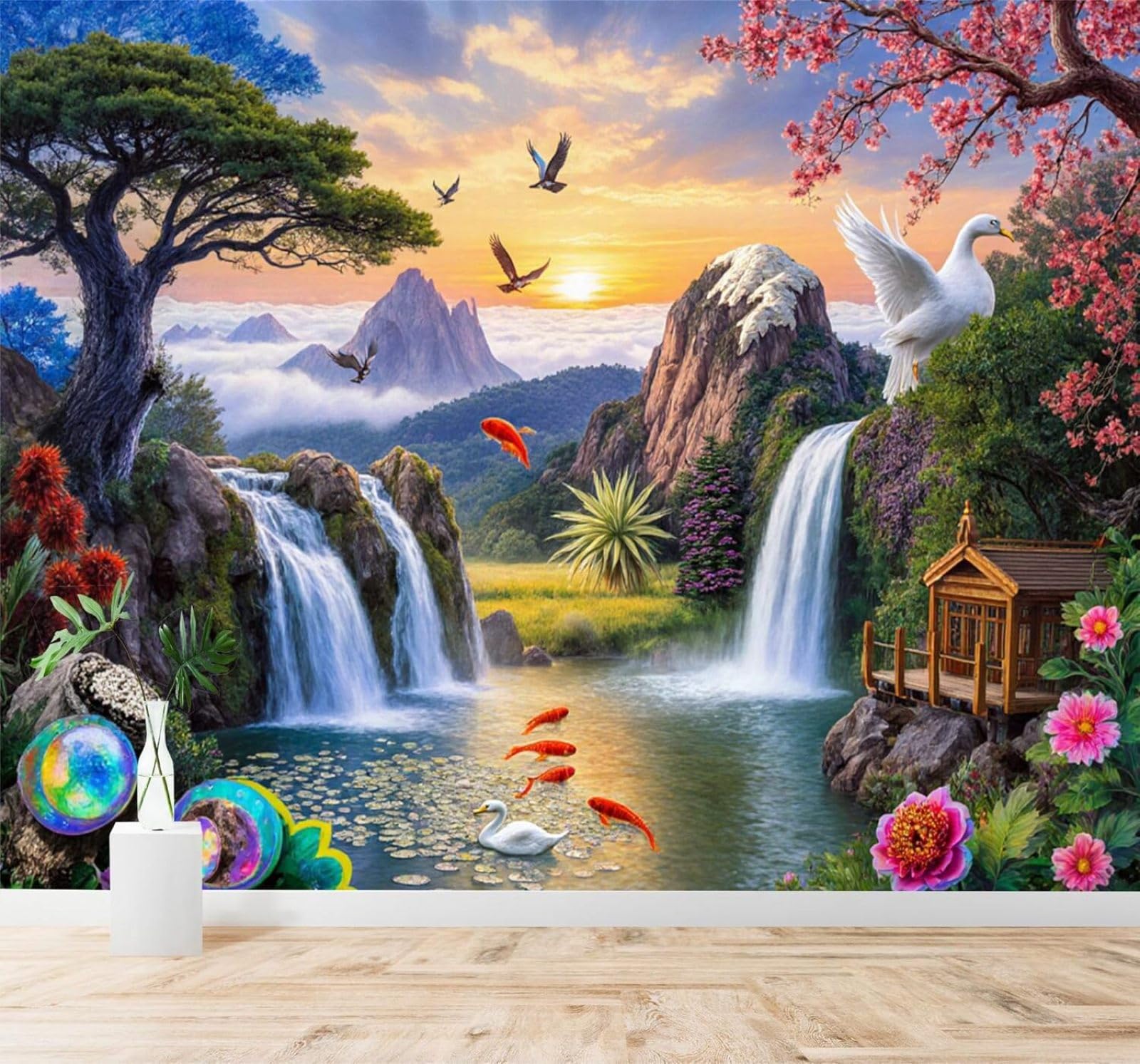 XLMING Waterfall Scenery Mountains Birds Swans Flowering Trees 3D Wallpaper Silky Texture Home Study Office Grey Dining Room Sofa Bedroom Living Room TV Backdrop-400cm×280cm