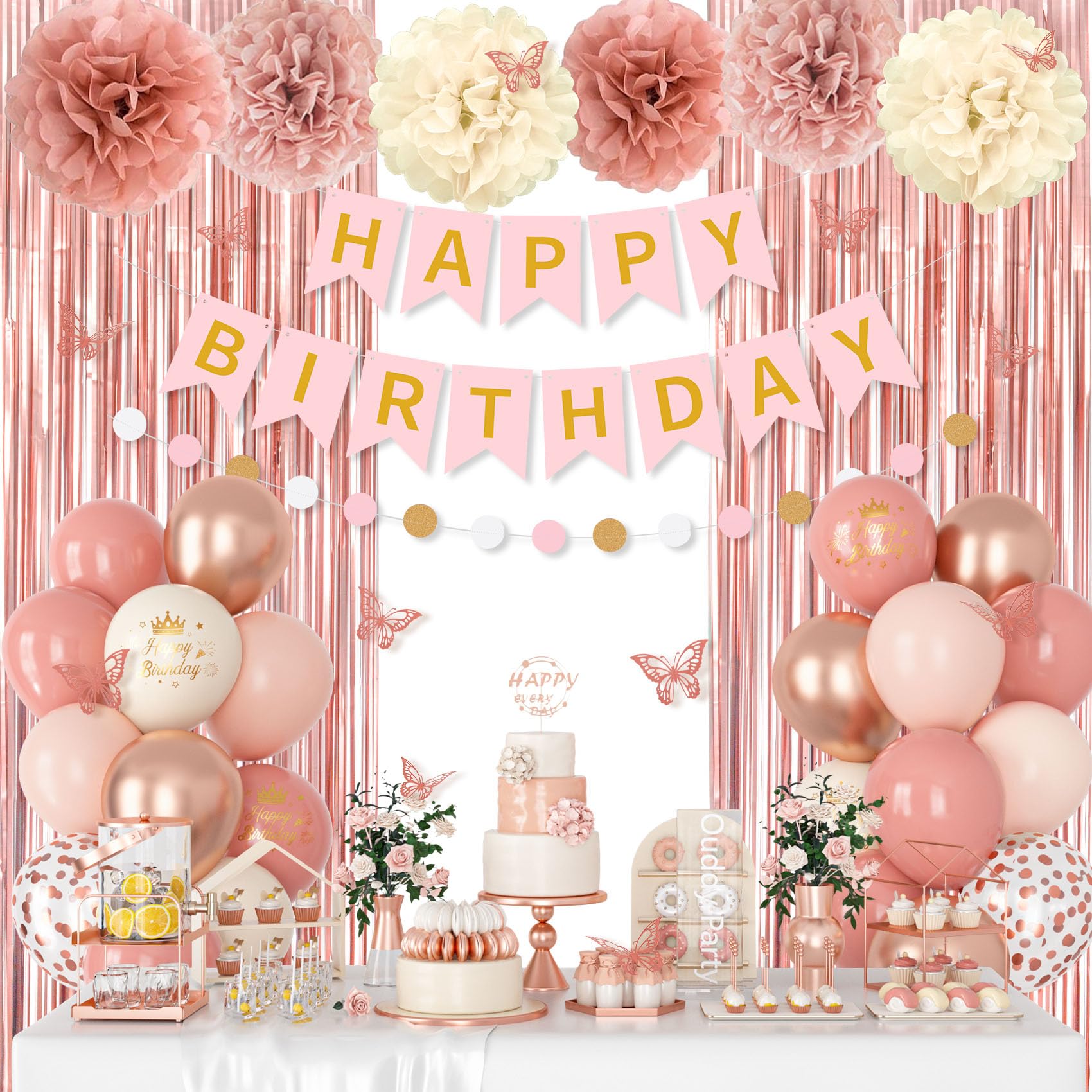 Dusty Pink Sand Decorations for Women Girls with Butterfly Stickers | Pink Rose Gold Metallic Printed Balloon Fringe Curtain Happy Birthday Banner Circle Dots Garland Paper Pompoms Party Supplies
