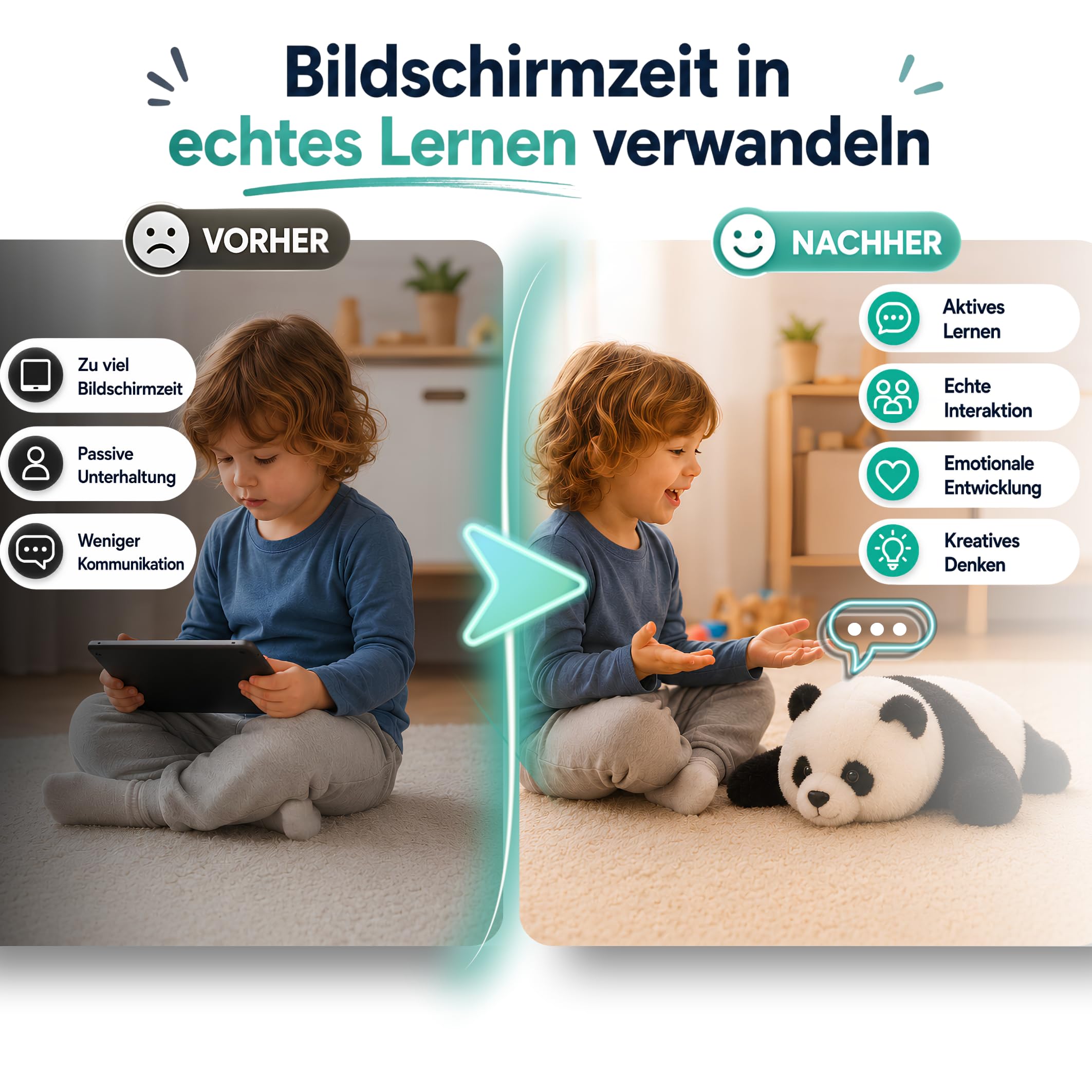 ZENET Interaktives Kuscheltier Smart Panda AI für Kinder ab 3 Jahre, 48cm | Sprechendes Spielzeug, Lernspielzeug, KI-gesteuertes Nachsprechendes Plüschtier mit Mobile App, Sprachlernen, 5 Spielmodi