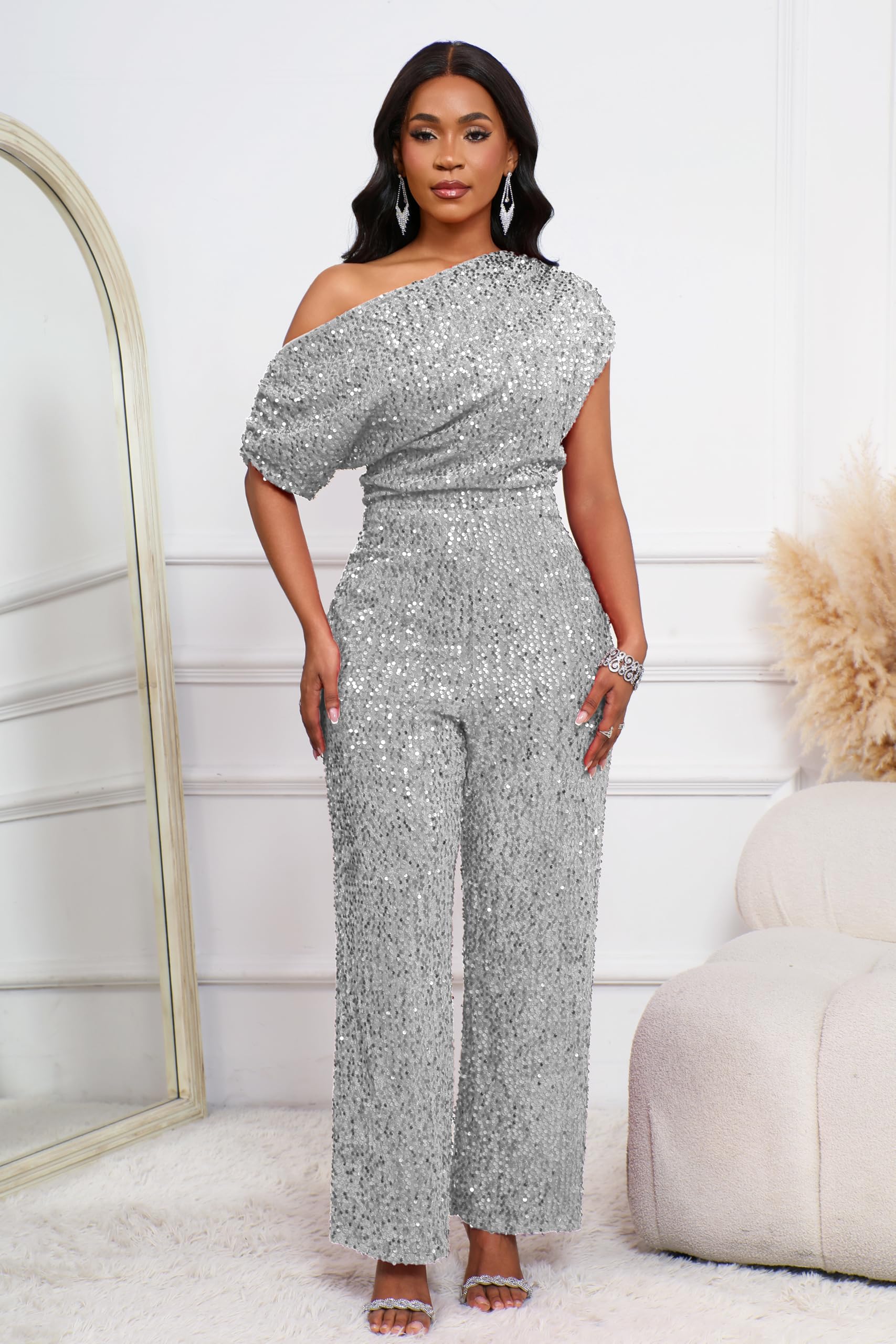 VERWIN Combinaison à paillettes pour femme - Élastique à volants - Jambe large - Pour fête et cocktail