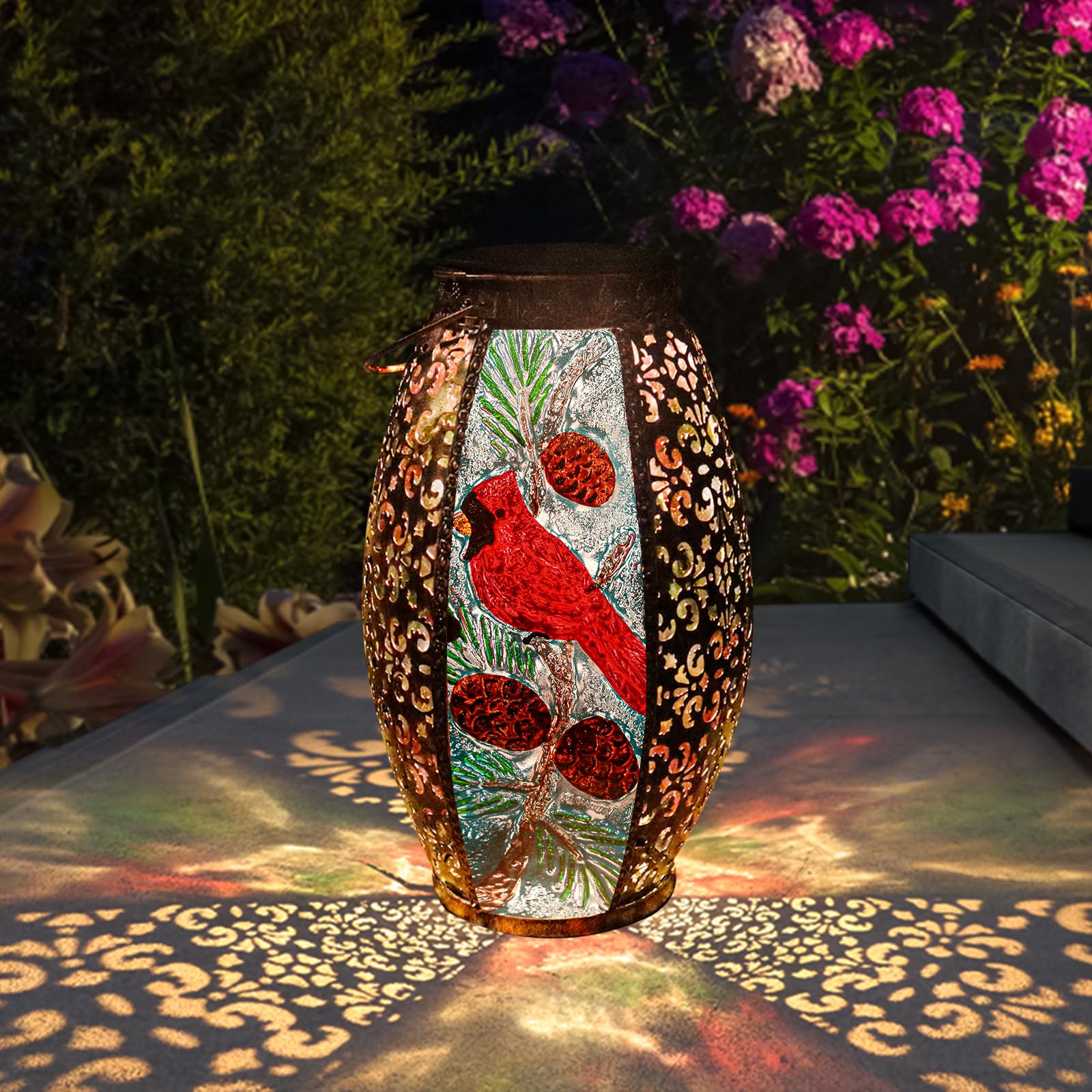 Solar Lanterns Outdoor Hanging Light - Cardinal Solar Powered LED Glass Lights Decorative Waterproof Tabletop Lamp with Hollowed-Out Design for Yard Table Patio Garden Pathway Holiday