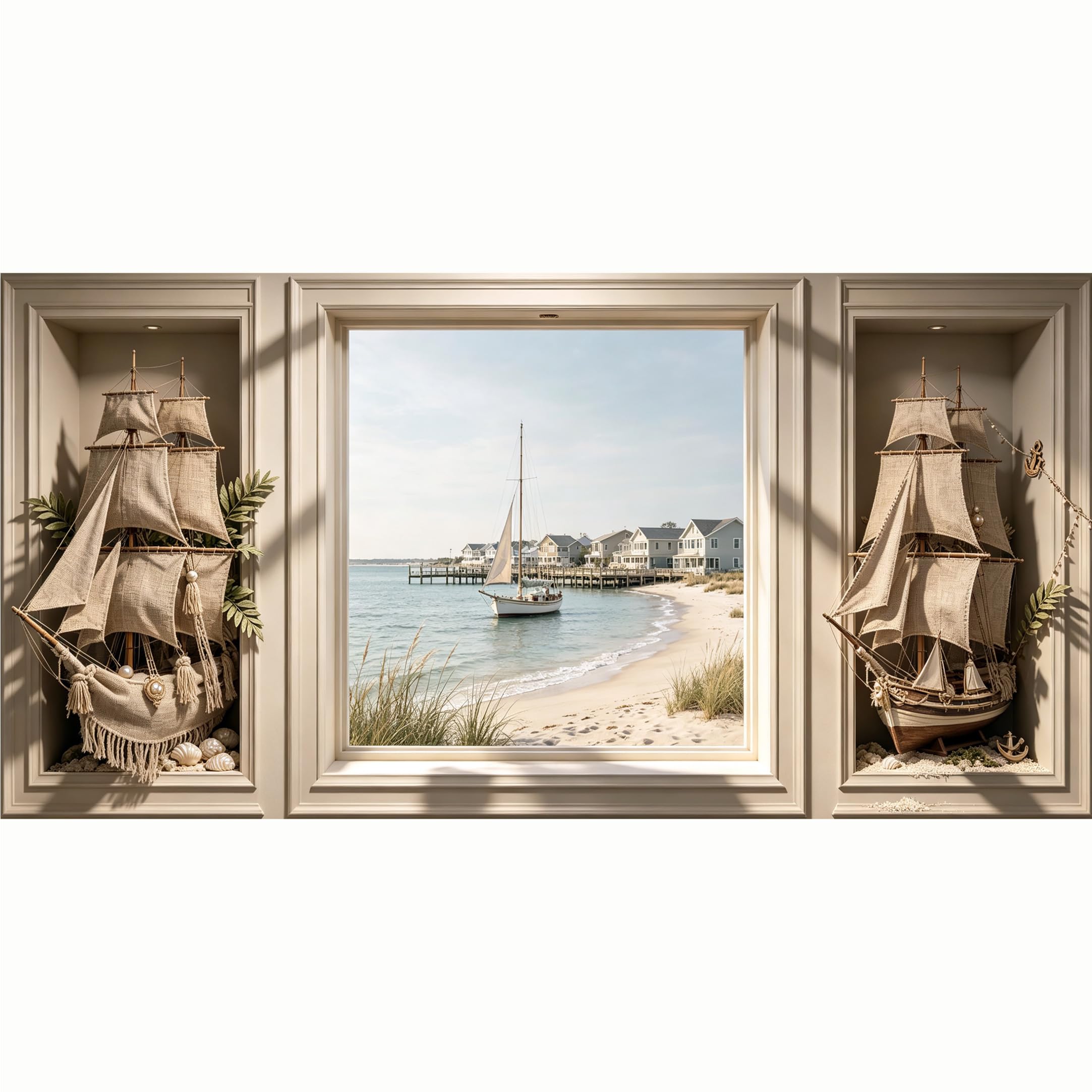 QZLITHOTIC 50x100cm 3D Framed Wall Art， Coastal Sailing Boat Harbor Window View Self‑Adhesive Mural， Water‑Activated Peel & Stick Fabric Decor Wall Decal for Bedroom Living Room