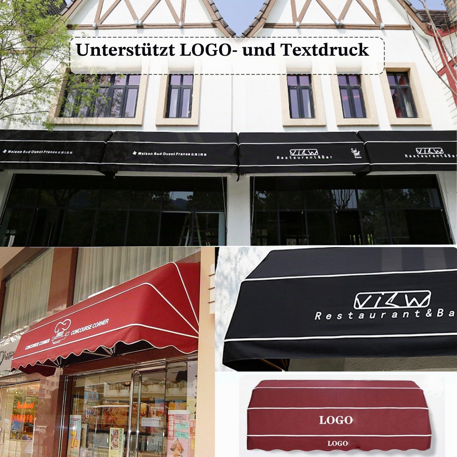 Französische gebogene einziehbare Markise, Fenstermarkise, Türüberdachung, wasserdicht, Polyester, faltbar, Terrassenmarkise für Regen, Schneeschutz, Balkon, Terrasse, Café Dekor