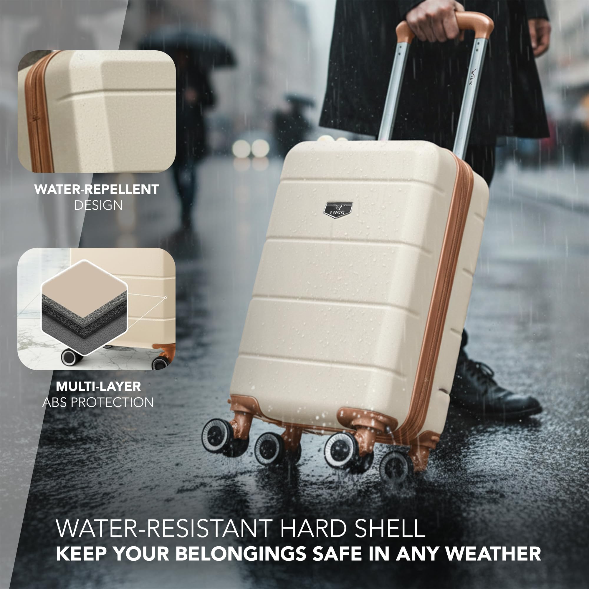LUGG - Jetset 40cm Suitcase - 40x30x20cm- Ryanair Compatible - Underseat Size - Hard Shell ABS - Spinner & Removable Wheels - Lightweight Travel Luggage- Cream/Brown — view 4