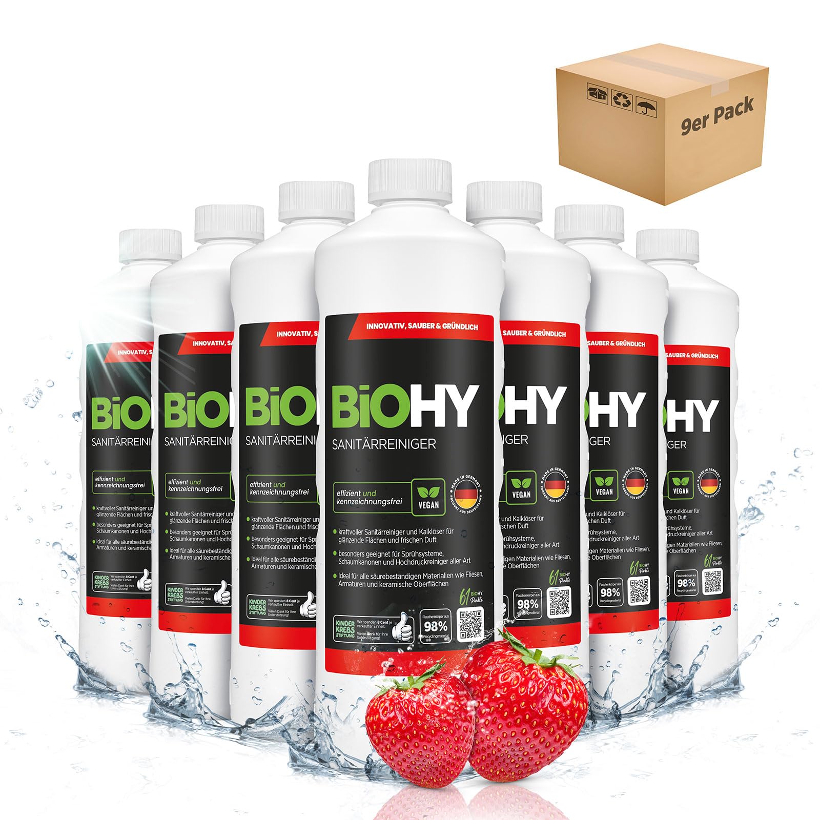 BiOHY Detergente per bagno (9 bottiglie da 1l) | Concentrato decalcificante per ambienti sanitari | profumo gradevole e fresco | EXTRA FORTE (Sanitärreiniger)