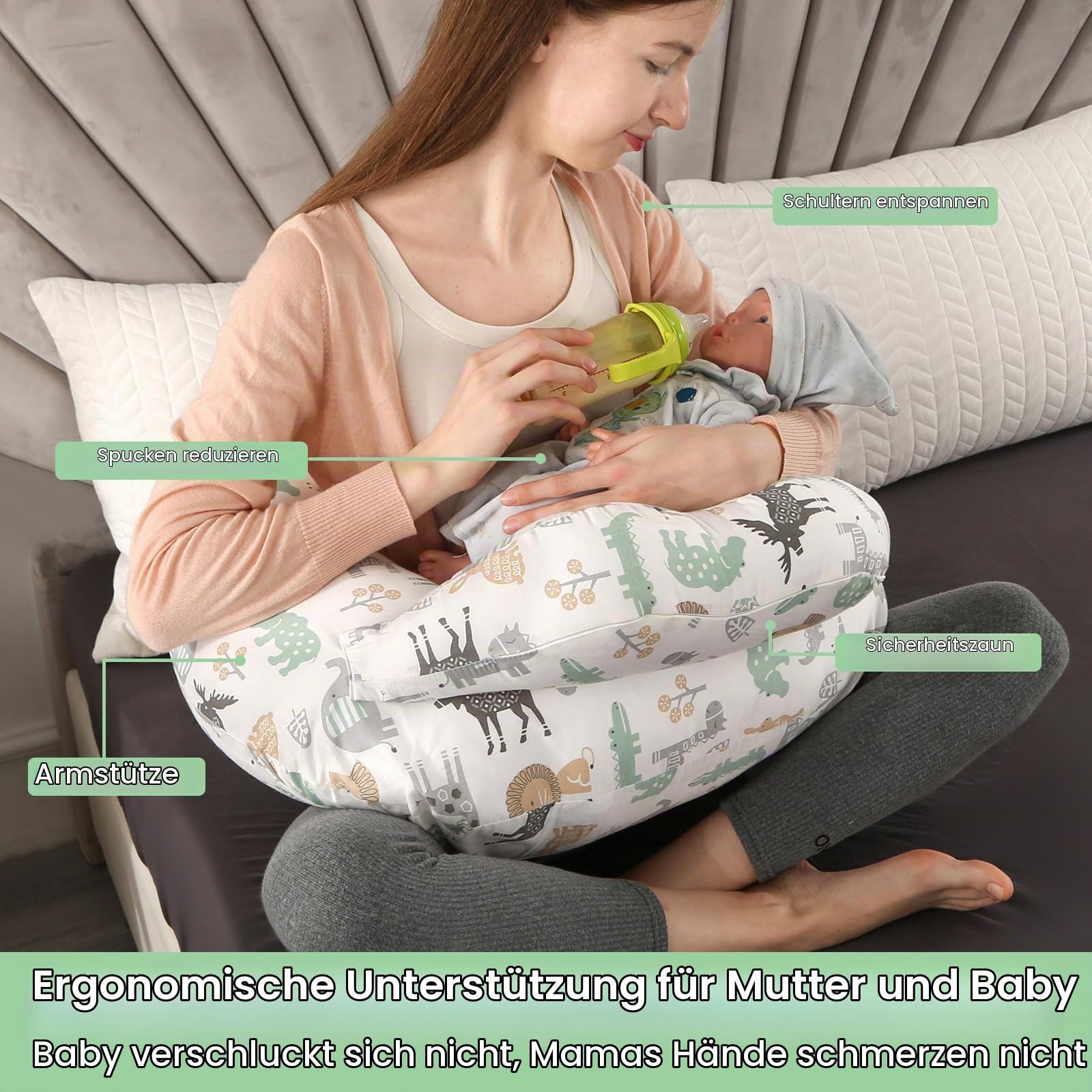 Labtec Stillkissen zum Stillen, Multifunktionales Stillkissen mit verstellbarem Bauchgurt und Sicherheitszaun, 100% Baumwolle & Abnehmbarer Kissenbezug