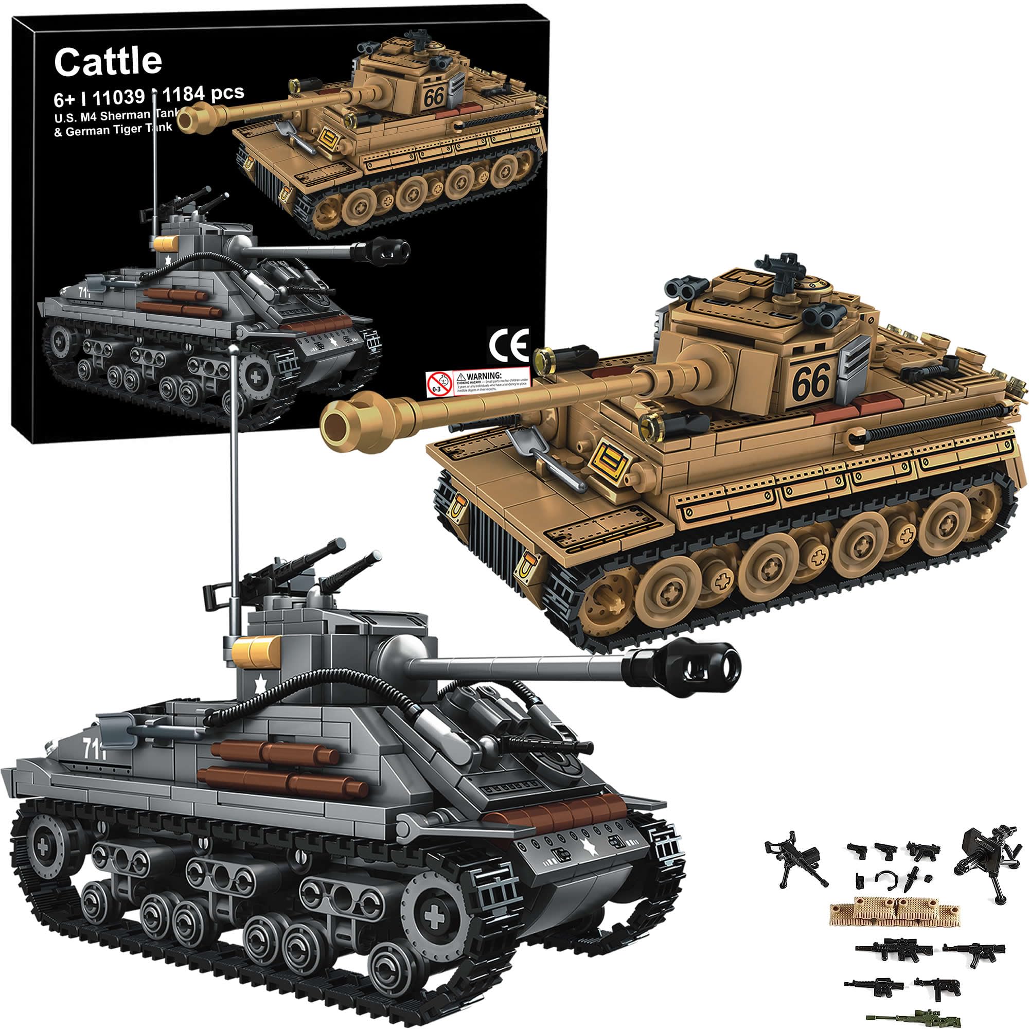 Cattle WW2 Army Tank Toys Building Kit, A German Tiger & an American M4 Sherman Tank Models 1184 Blocks Military Toy Gift for Boys Kids and Teens Age 6-14