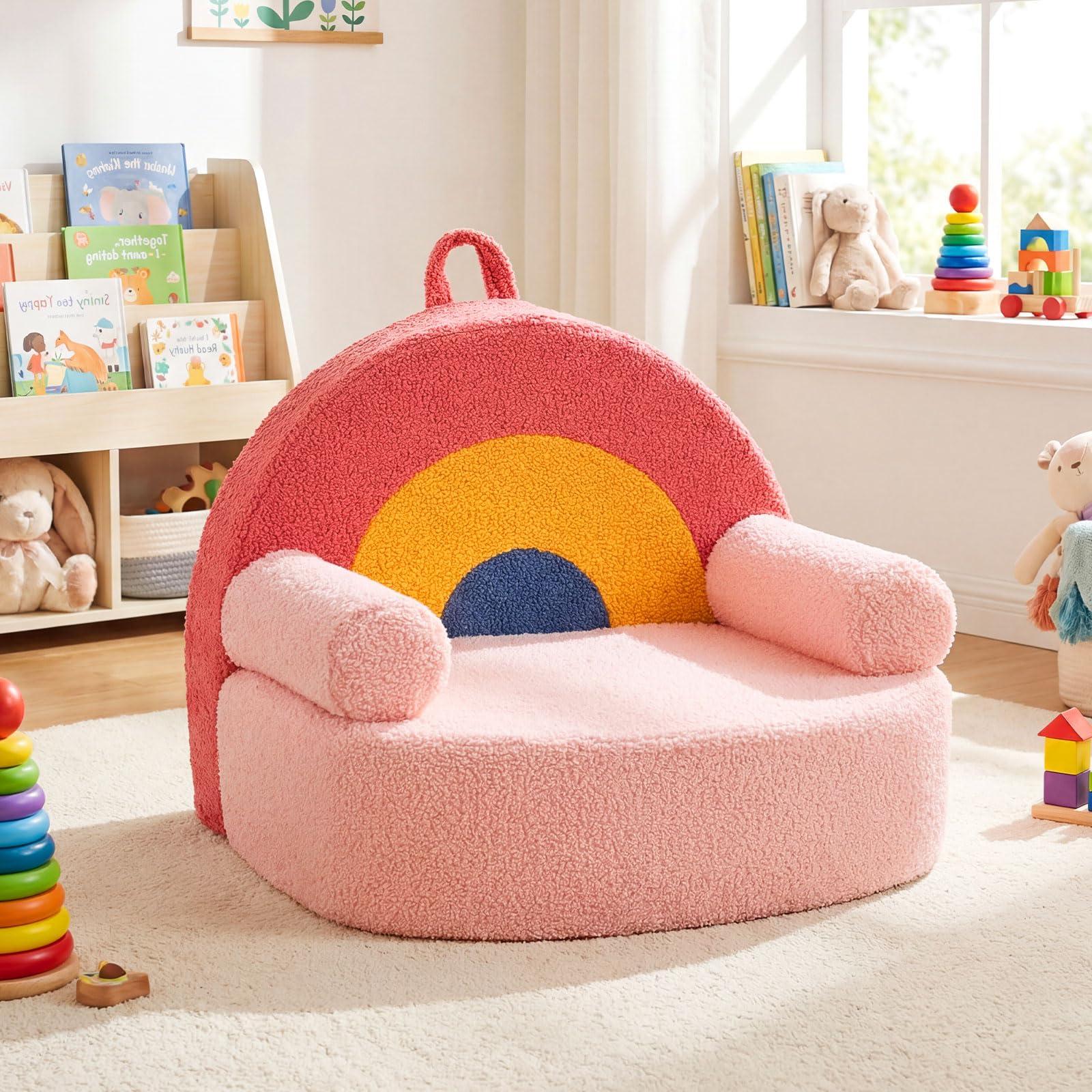 COSTWAY Kindersofa in Regenbogenform, Kindersessel gepolstert aus Schaumstoff & Teddystoff, Kindercouch mit waschbarer Bezug & rutschfeste Unterseite, Spielsofa für Kinder ab 3 Jahren, Rosa