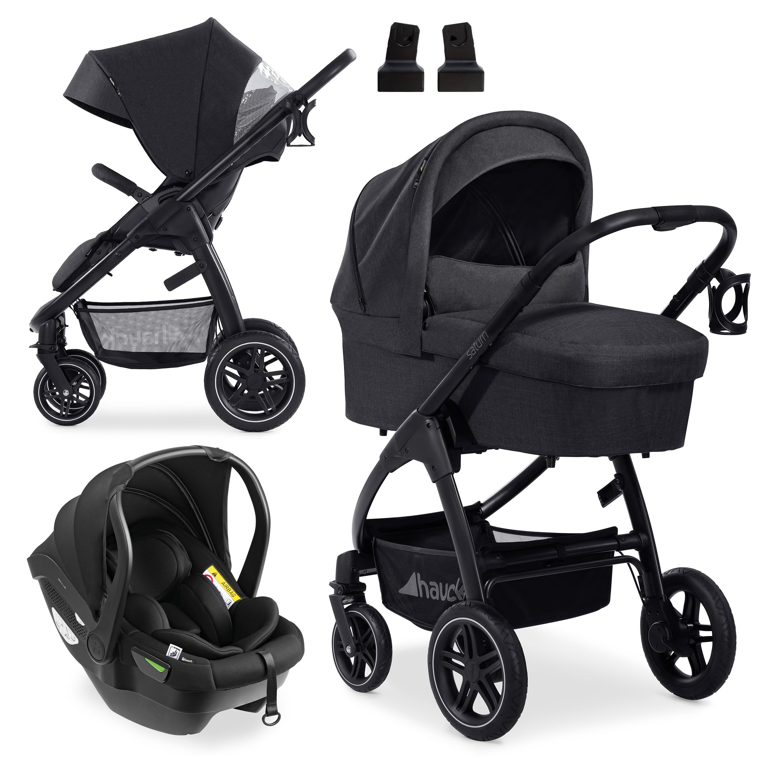 hauck 3in1 Kinderwagen Set Saturn R mit Babyschale, Babywanne & Buggy Sitz mit Liegefunktion, ab Geburt bis 22 kg, zusammenklappbar - Melange Schwarz