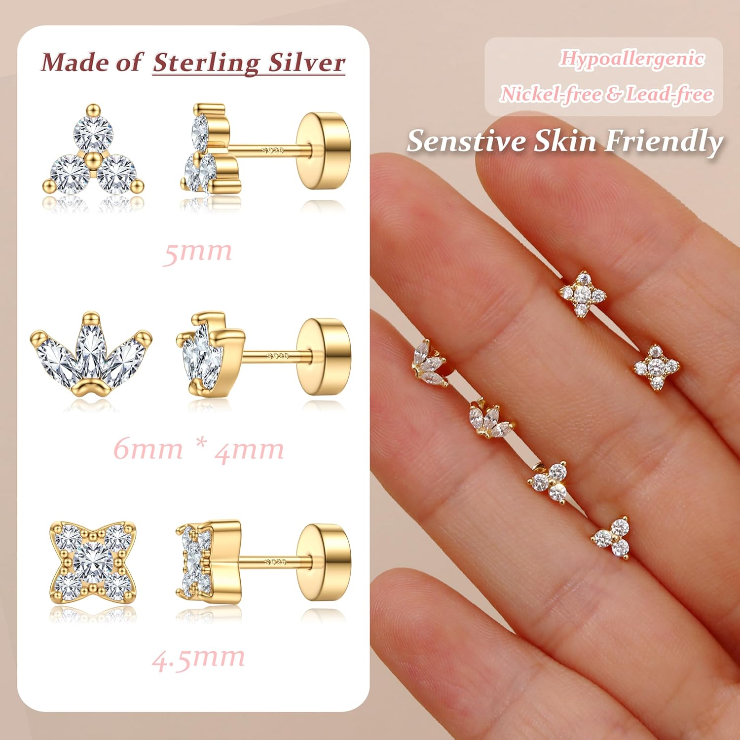 KRFY Flat Back Stud Earrings for Women - S925 Sterling Silver Post Cartilage Helix Piercing Jewelry 14K Gold Plated Silver - Image 6