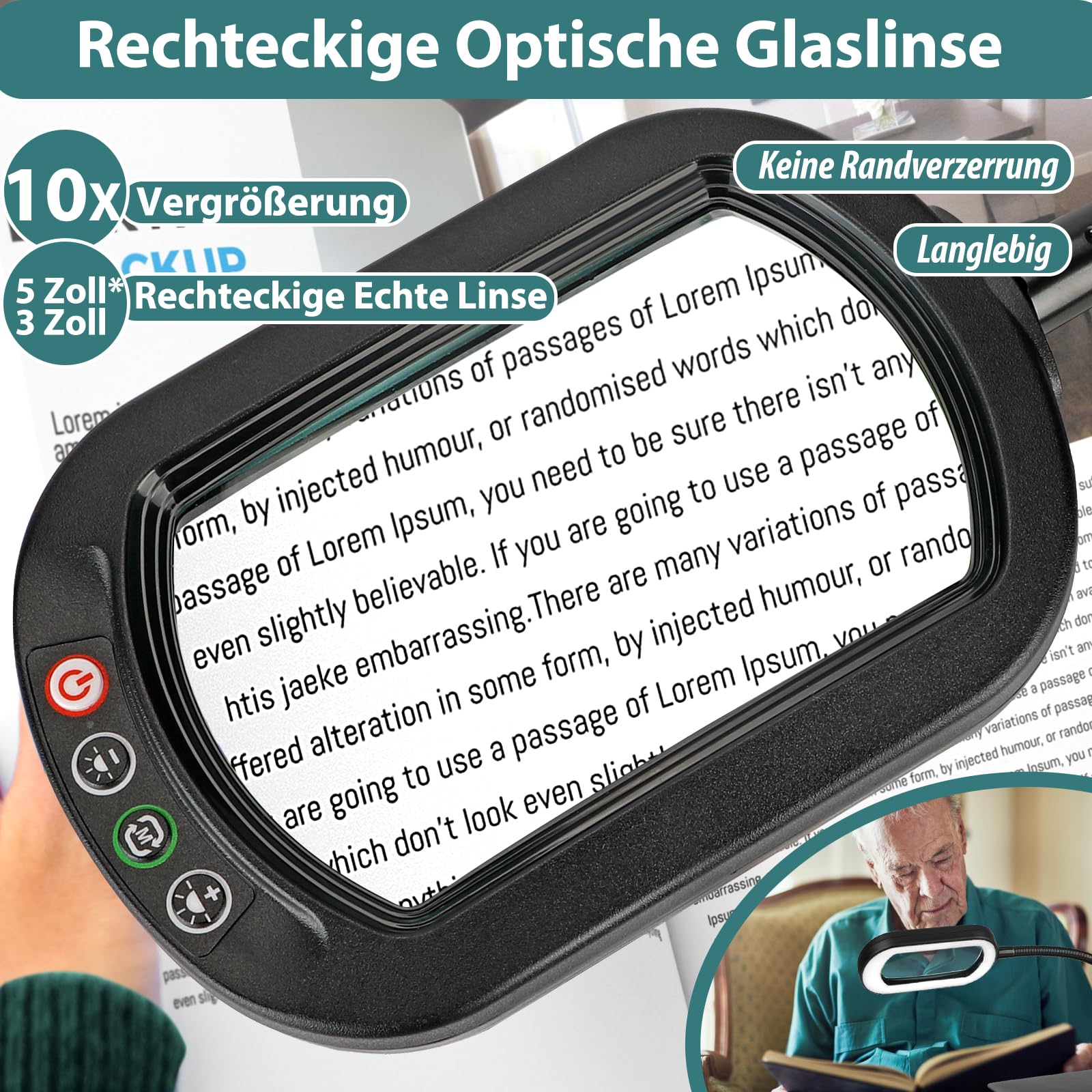 Drdefi 10X Rettangolare Lente di Ingrandimento con Luce LED, Lampada da Scrivania Flessibile con Collo di Cigno, 5 Modalità Colore