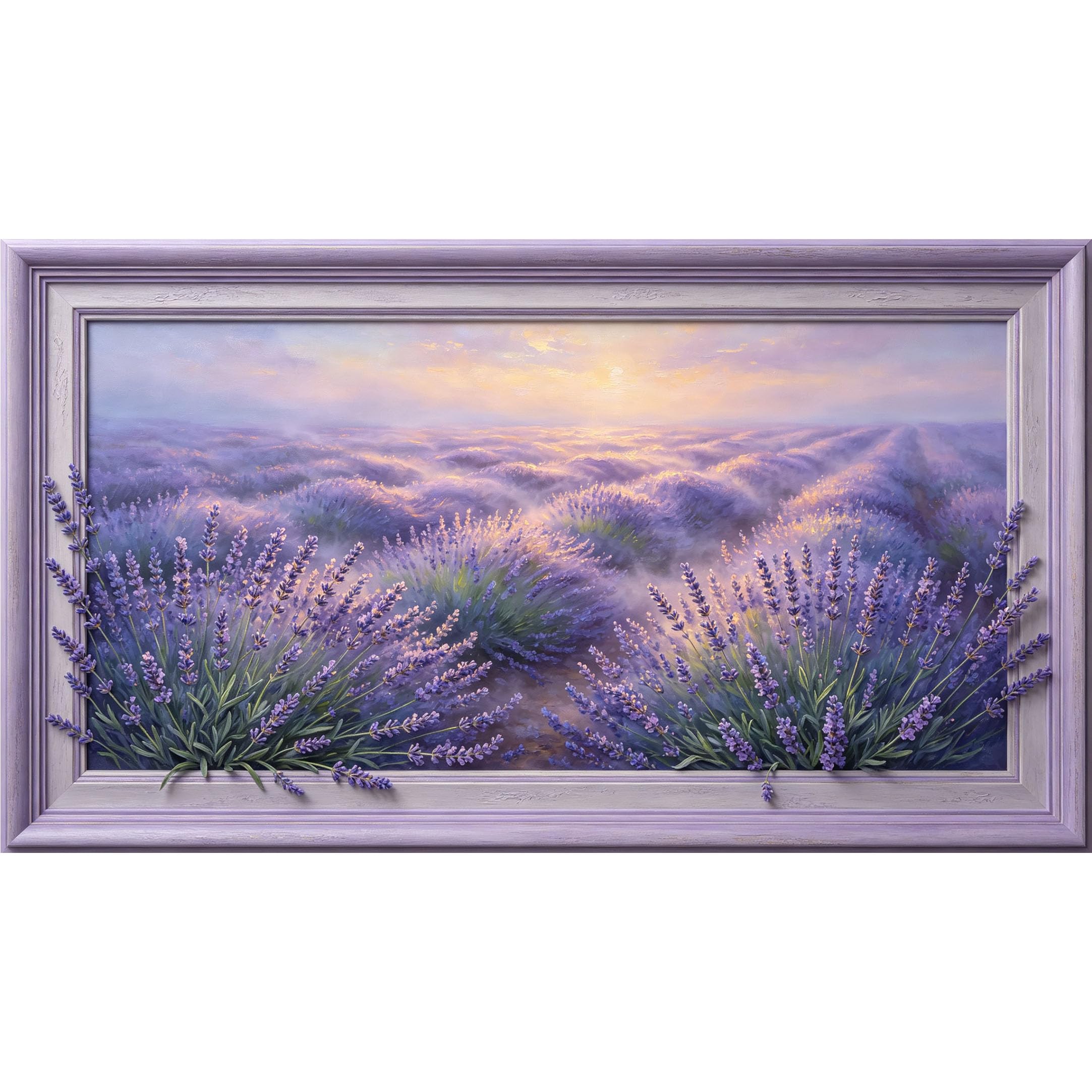 QZLITHOTIC 50×90cm3D Framed Wall Art， Lavender Field Sunrise Botanical Oil Painting Self?Adhesive Mural， Water?Activated Peel & Stick Fabric Decor Wall Decal for Bedroom Living Room
