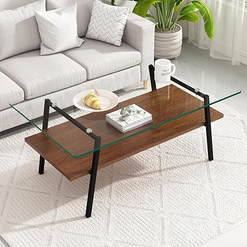 Rectangle Coffee Table, Modern Coffee Table, Tempered Glass Tabletop with Black Metal Legs, Modern Table for Living Room, Tea Table, Living Room Furniture, Transparent Glass