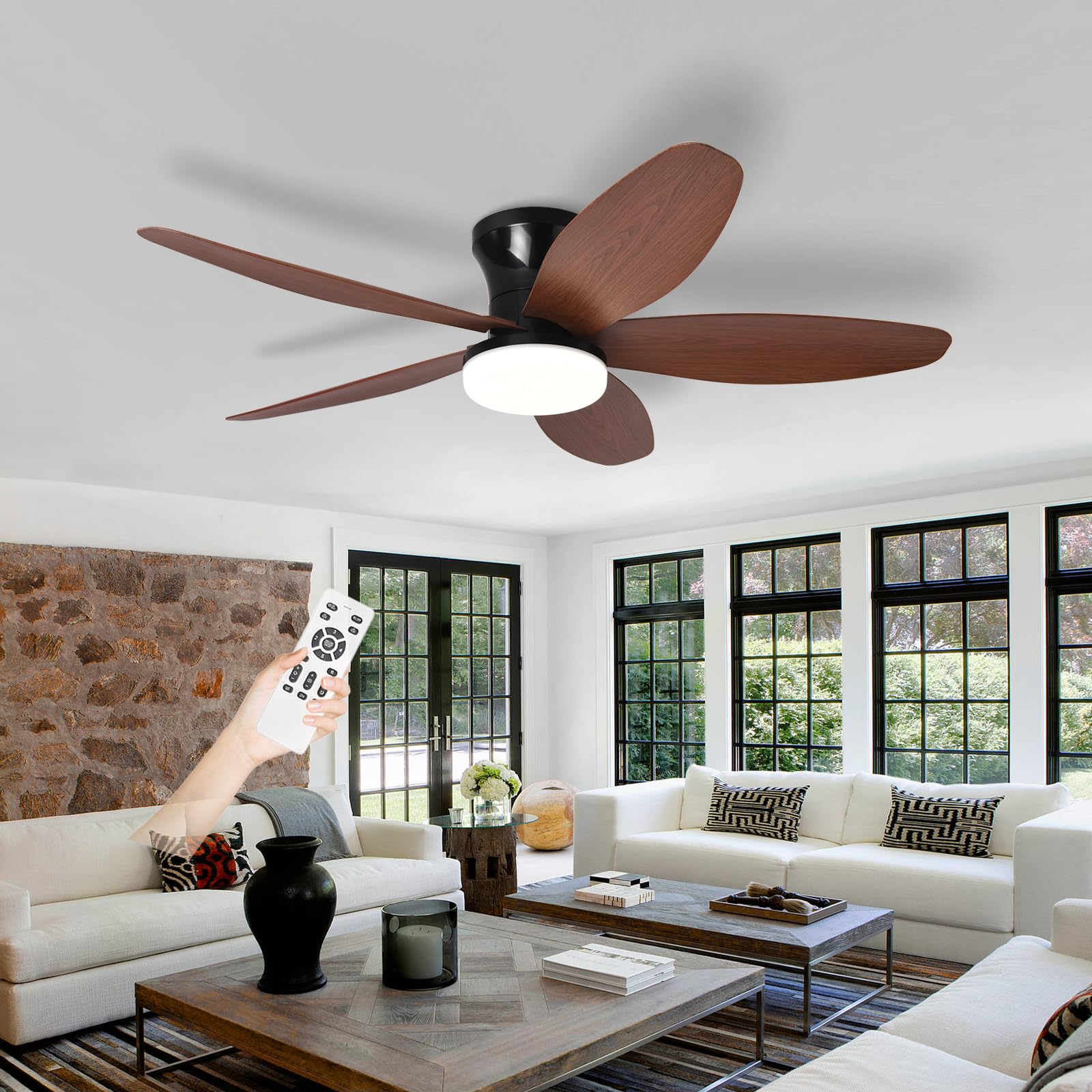 Ventilatore Pale Da Soffitto Con Luce E Telecomando, Silenzioso 5 Pale Lampadario Con Ventola, Dimmerabile LED Plafoniera Ventilatore Per Camera Da Letto, Cucina, Soggiorno-Black+WoodGrain||42in
