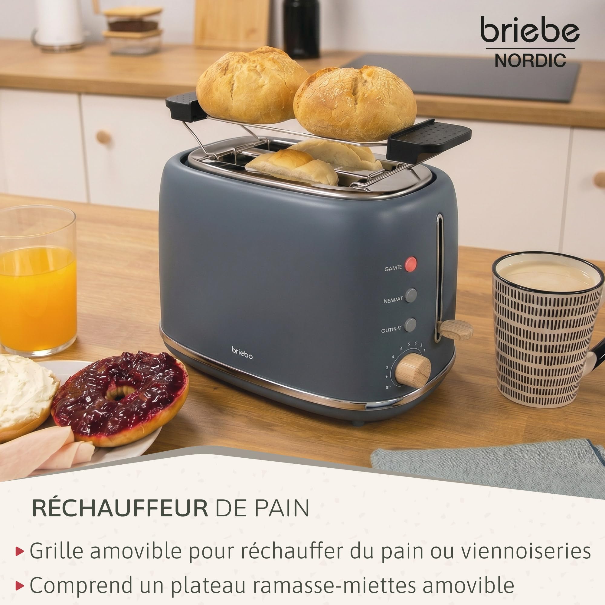 briebe Nordic Ensemble Machine à Café Expresso 20 Bars Capsules et Café Moulu + Bouilloire Électrique 1,7L sans Fil, 2200W + Grille Pain 2 Fentes Larges, Set Petit-Déjeuner Design Nordique Gris