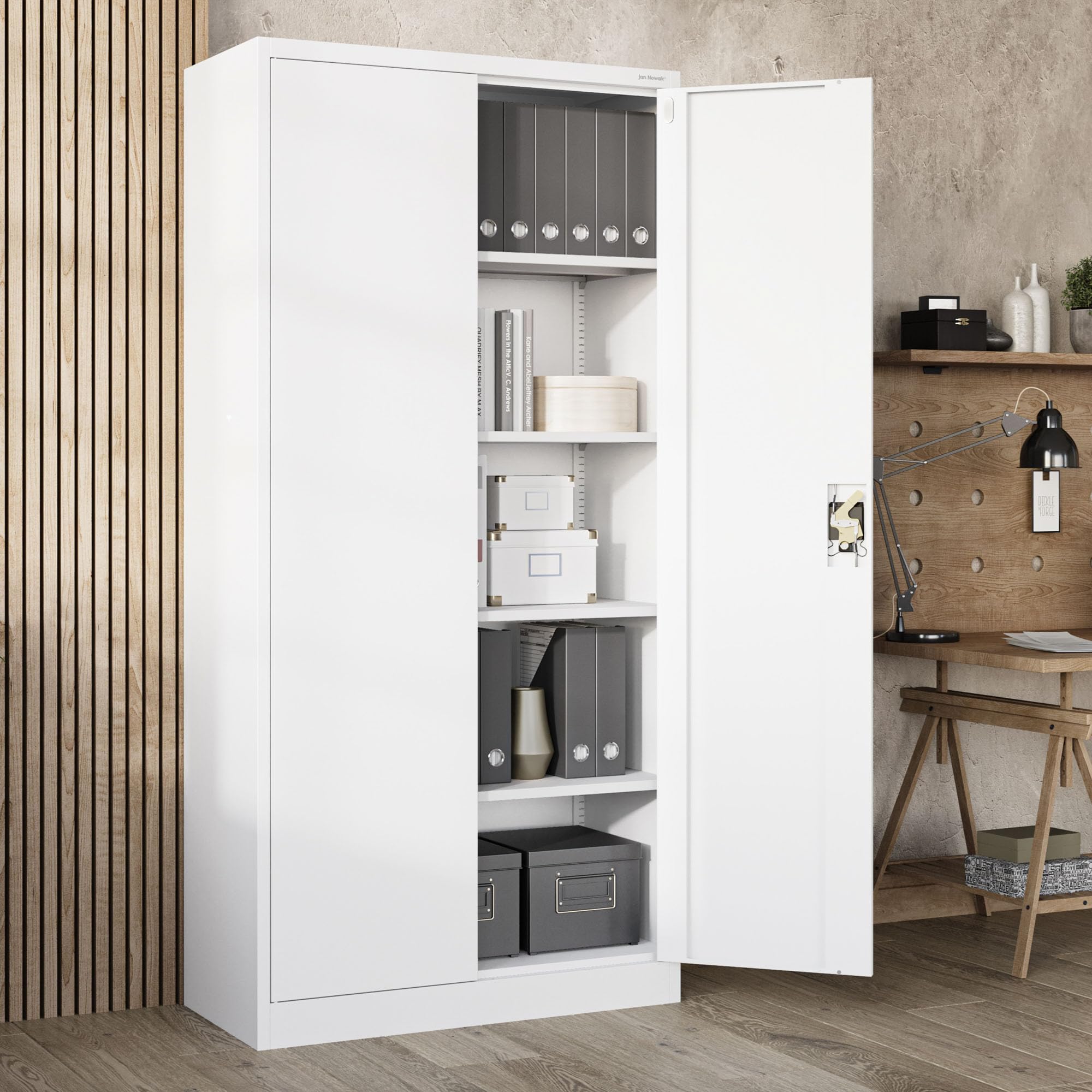 Jan Nowak Metallschrank Jan 185 x 90 x 40 cm - Metall Aktenschrank Abschließbar mit 2 Türen, Mehrzweckschrank mit 5 Ebenen, Büroschrank aus Stahlschrank mit Pulverbeschichtung - Weiß