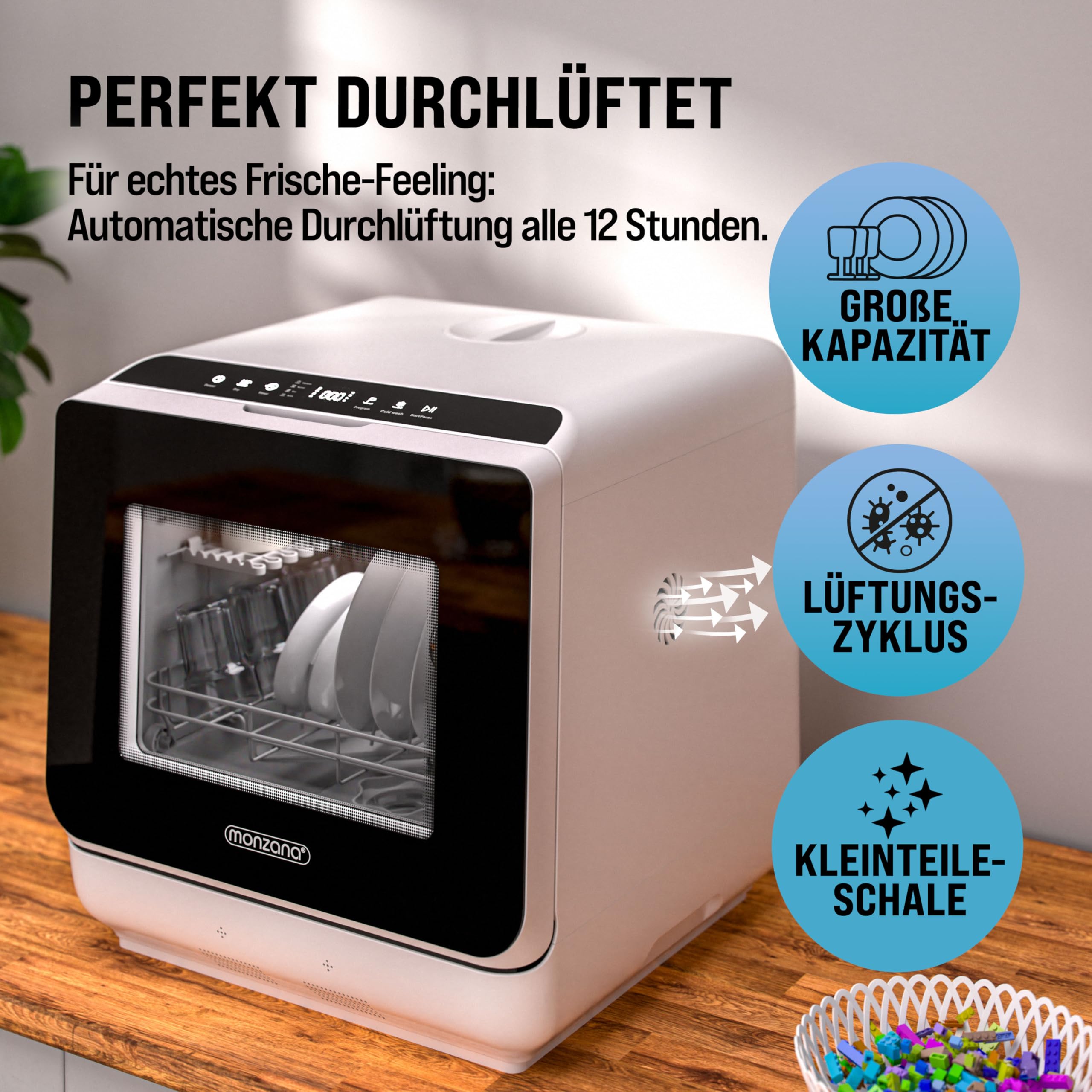 MONZANA Tischspülmaschine Mini Geschirrspüler 45cm 4,5L 6 Programme 4 Gedecke Weiß App Funktion