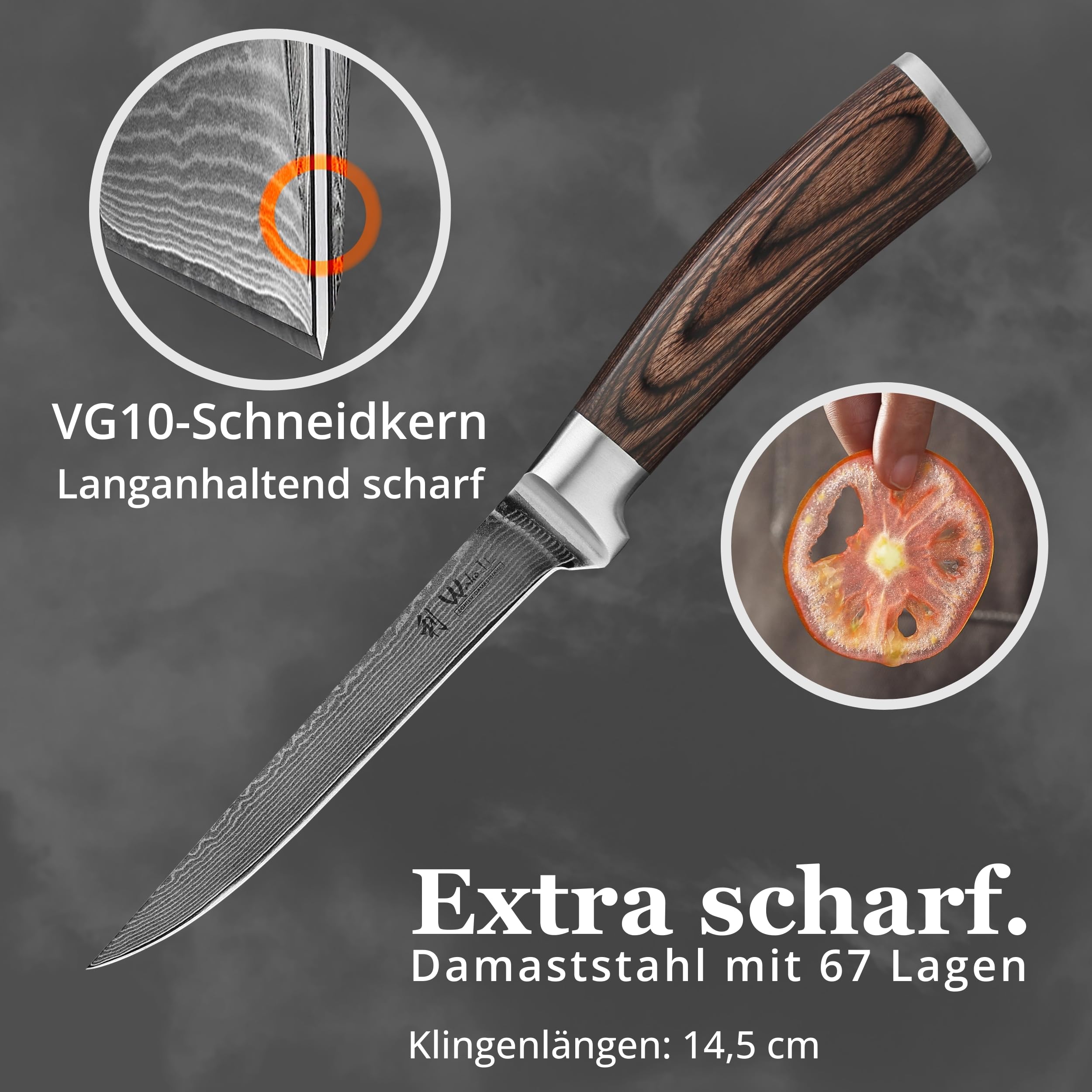 Wakoli EDIB Ausbeinmesser aus echtem Damaststahl (VG10 Kern) mit 14,5 cm Klinge – Scharf und ergonomisch – Damastmesser mit Pakkaholzgriff in Geschenkbox – Damast Filetiermesser für Fisch & Fleisch