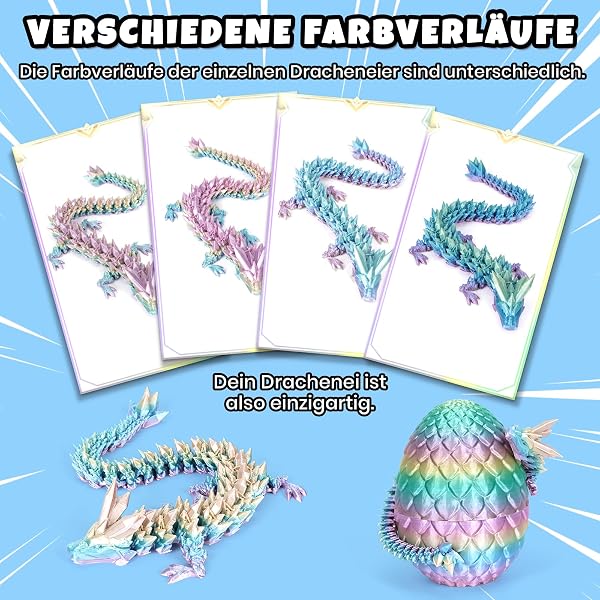 YILCER 3D Gedruckter Drache 28,5cm, Drachenei mit Upgrade bruchsicher, Verstärkte Dragon-Gelenke, Sicheres und Umweltfreundliches Material, Ostern Geschenke Kinder(Regenbogenfarben) - 3
