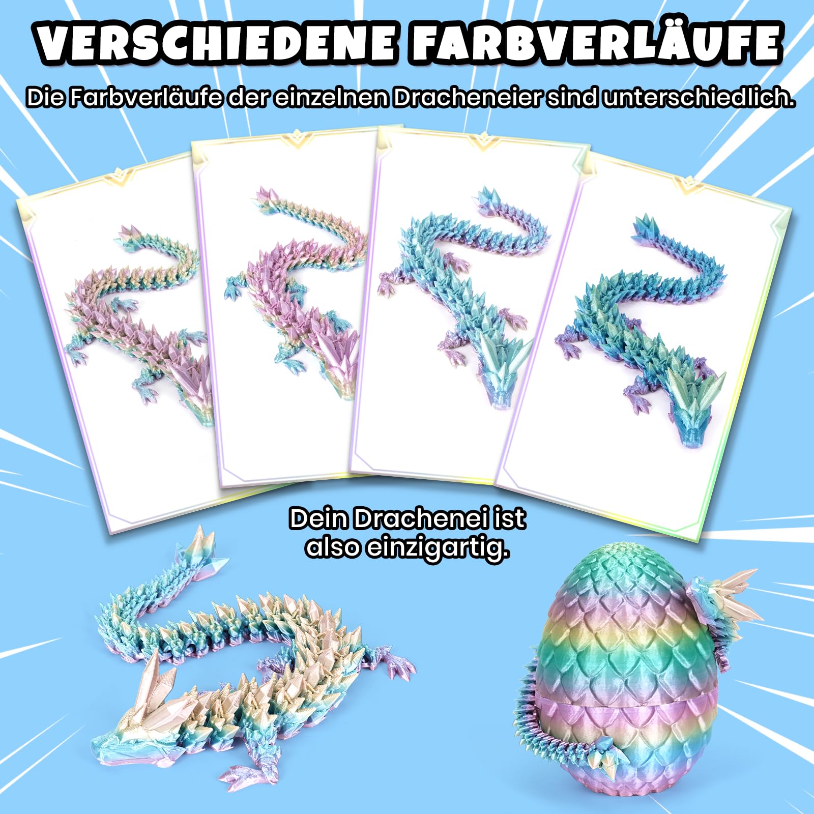 YILCER 3D Gedruckter Drache 28,5cm, Drachenei mit Upgrade bruchsicher, Verstärkte Dragon-Gelenke, Sicheres und Umweltfreundliches Material, Ostern Geschenke Kinder（Regenbogenfarben） - 3