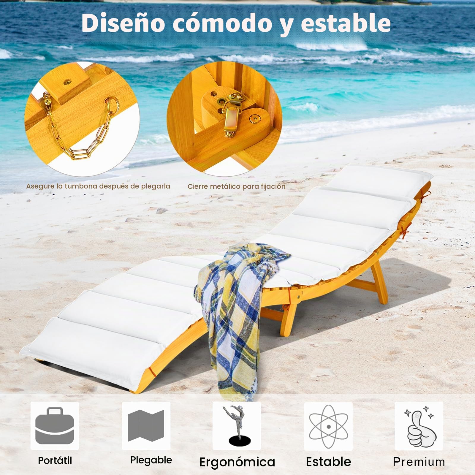KOMFOTTEU Tumbona Plegable de Madera Reclinable con Cojín de Doble Cara | Sillón Reclinable con Asiento Acolchado Portátil, Silla Ergonómica para Jardín, Patio, Terreza, Carga 180kg, 190 x 55 x 52 cm