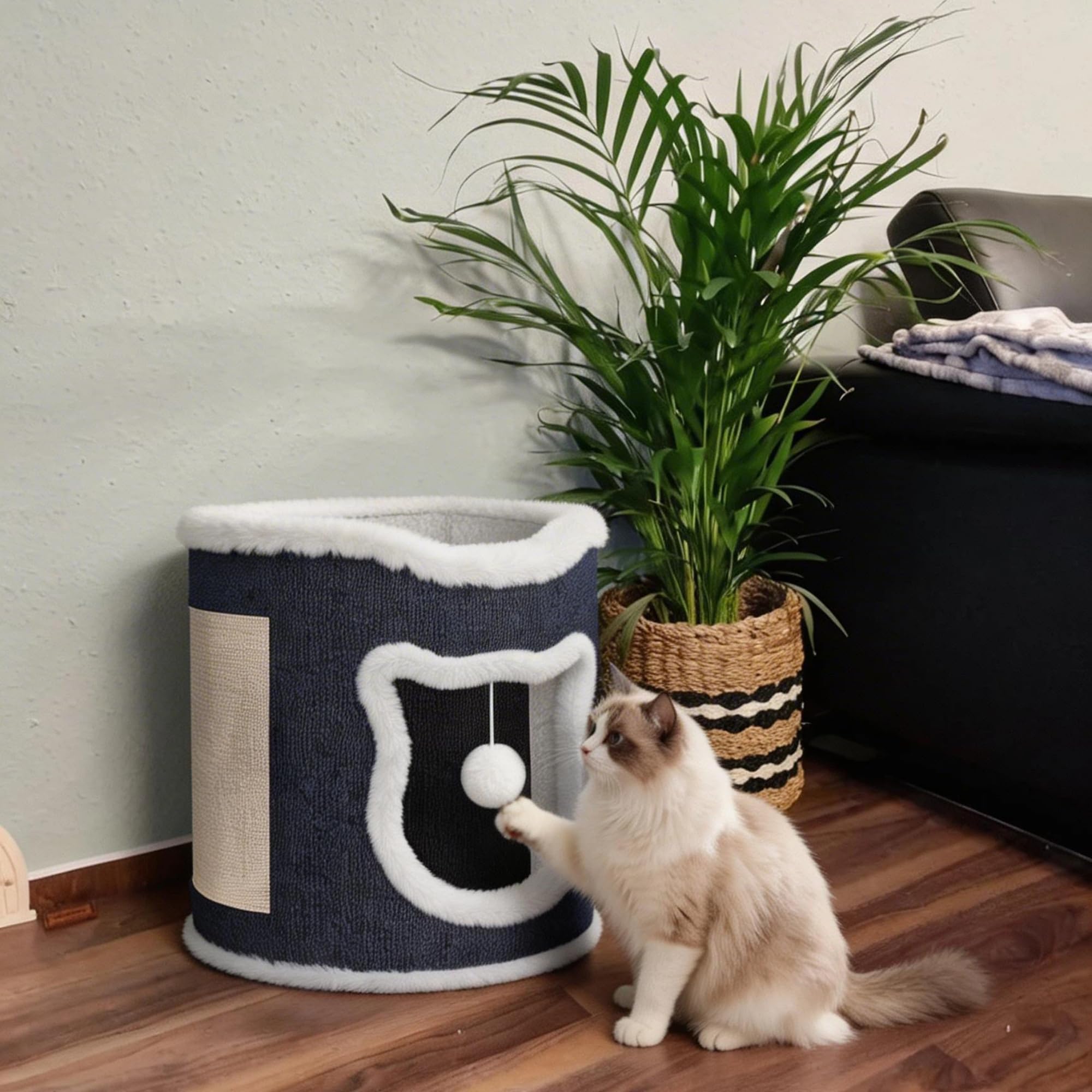Maison pour Grand Chat, capacité Charge 30 kg, lit Confortable avec griffoir et Balle Jeu, Forme cylindrique, Convient aux Chats Taille Moyenne à Grande, Gris, Couche