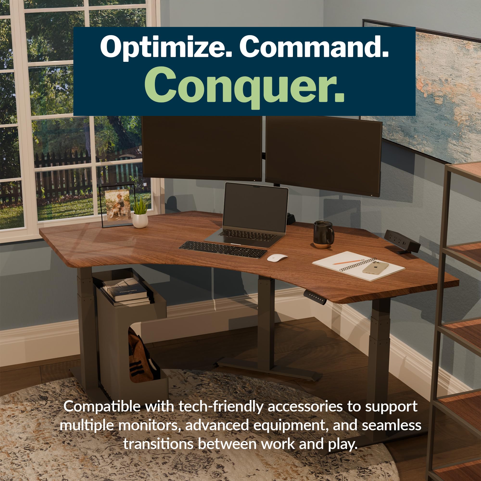 Vari Command Center Electric Standing Desk 120 Curved Sit-Stand Gaming Desk Corner Workstation for Triple Monitors Sloped Front — view 3