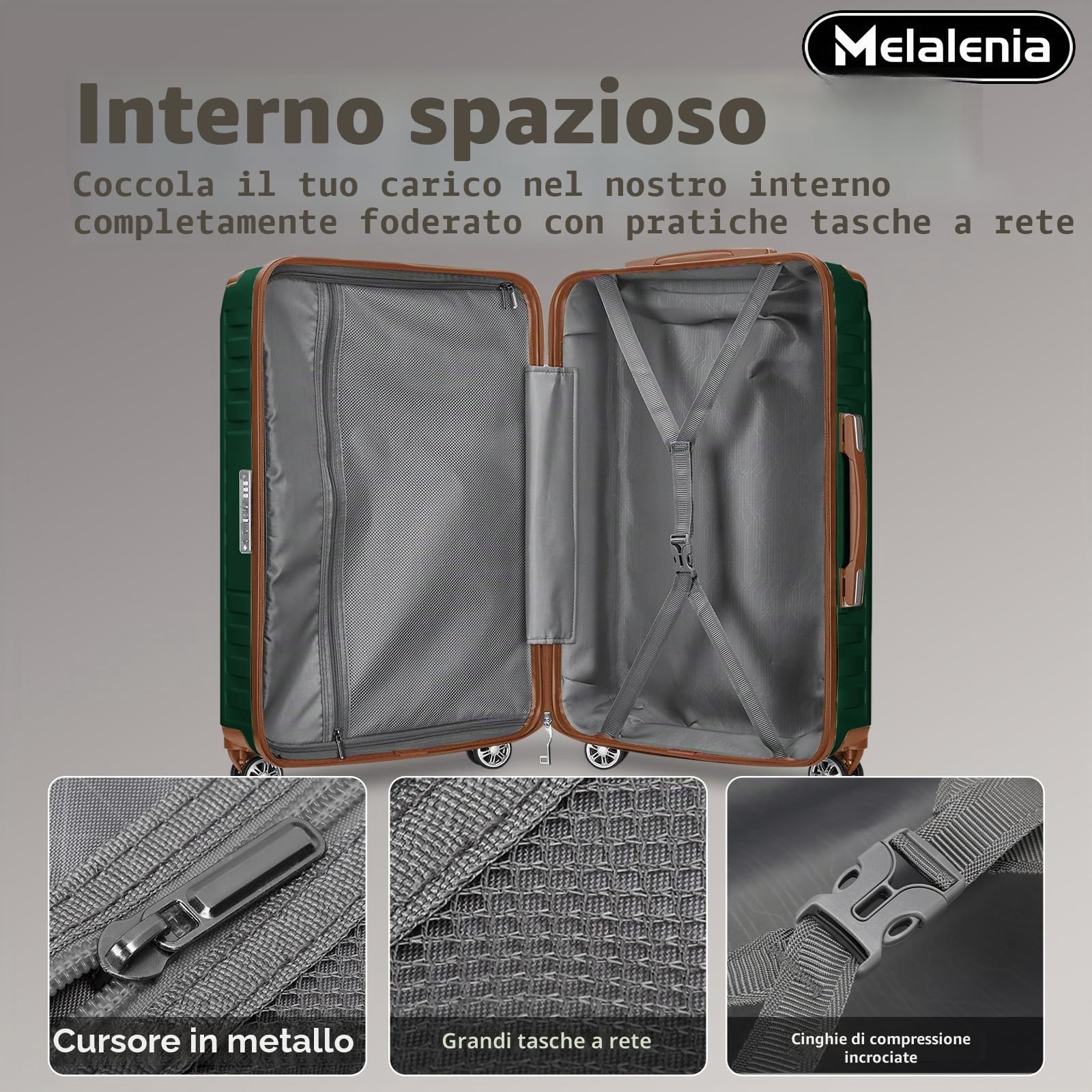 Melalenia Set Valigie 7 pezzi guscio rigido ABS 4 ruote serratura TSA Verde | Borsa viaggio espandibile e borsa bagno inclusi. Annidabili, cerniere YKK, protezioni angolari, ruote doppie 360° silenziose