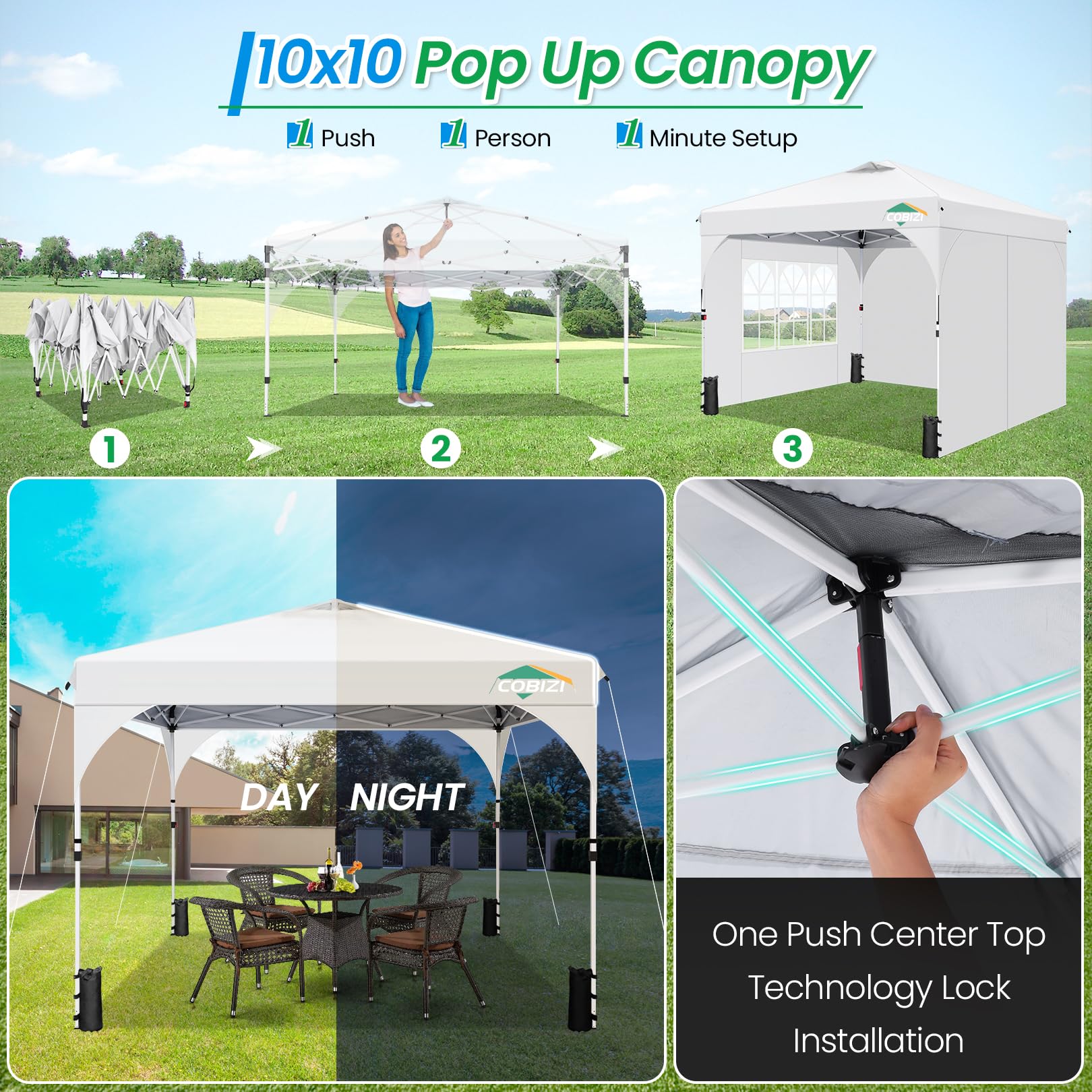 COBIZI Pavillon 3x3 Wasserdicht Stabil Winterfest Faltpavillon Gartenpavillon Partyzelt Pop Up Pavillon Klappbar UV Schutz 50+ Höhenverstellbar mit Entlüftung & 3 Stoffstücken&4 Sandsäcke，Weiß