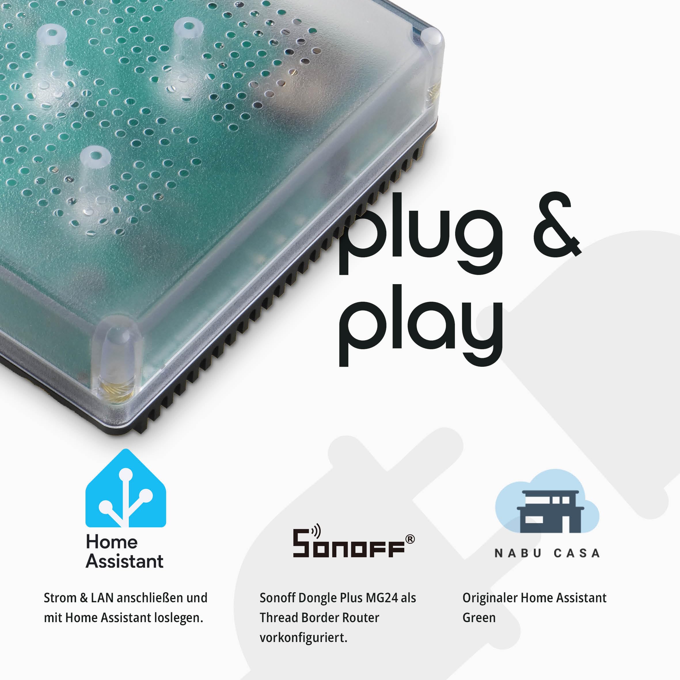Home Assistant Green Plug & Play Set vorkonfiguriert mit USB Antenne Thread Matter 4 GB RAM 32 GB Speicher Gigabit LAN 2× USB Zigbee