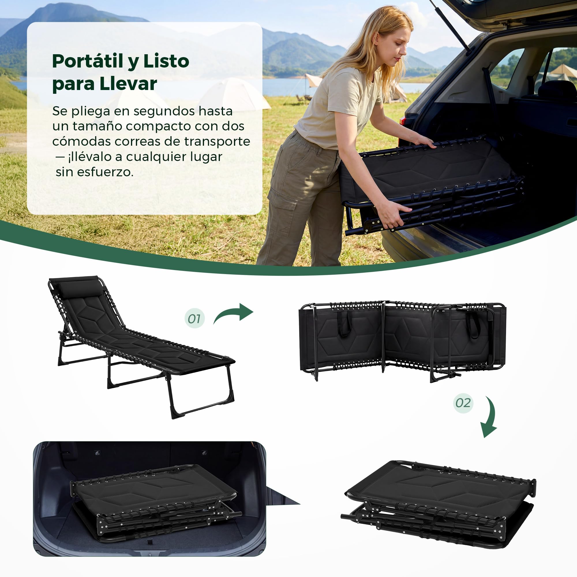 Palawano Tumbona Plegable con Respaldo Ajustable 5 Posiciones, Cama de Camping con Cojín, Tumbona Exterior Portátil para Jardín, Playa, Piscina, Balcón e Interior (Negro)