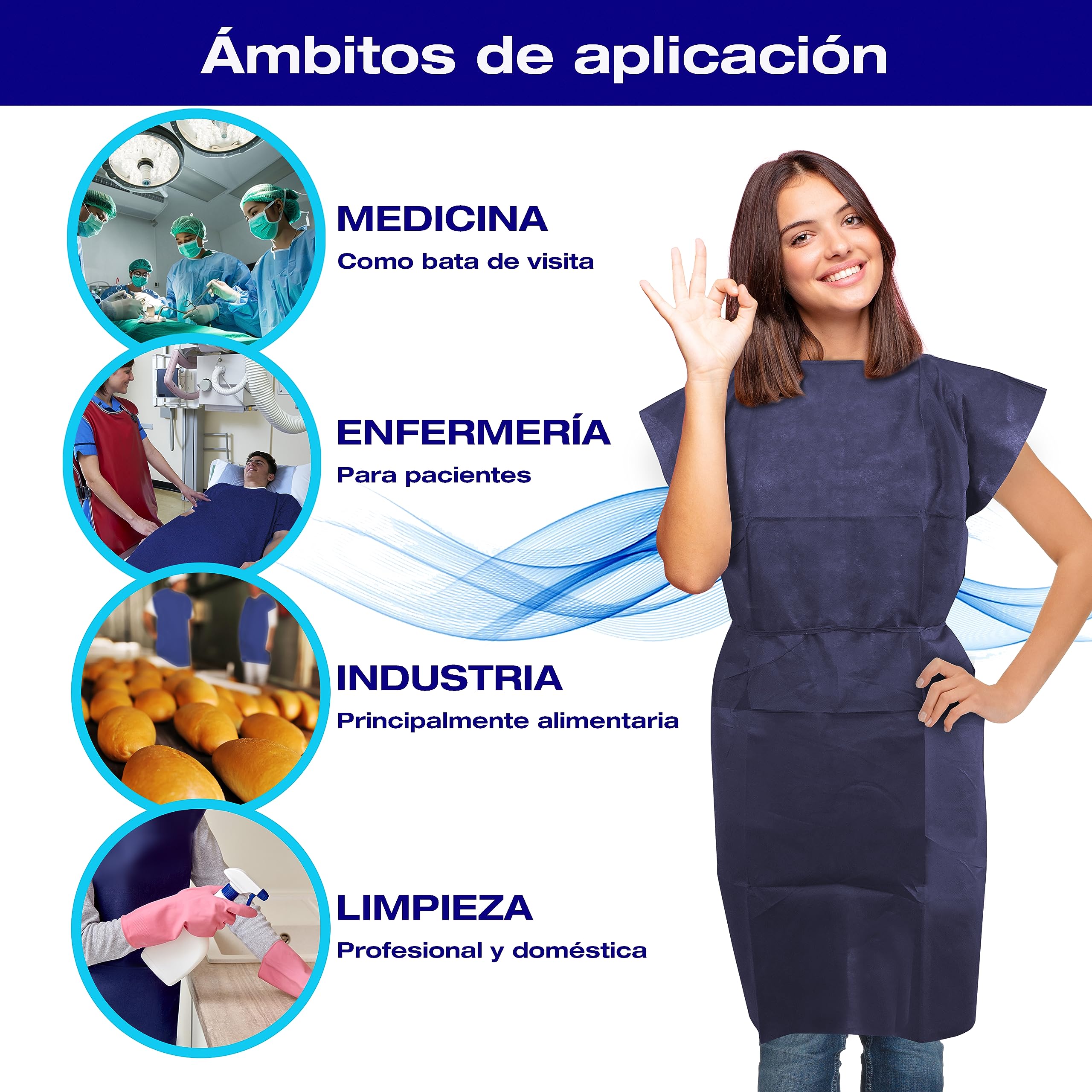 Pack 100 uds. Batas desechables sanitarias opacas - Batas desechables sin mangas con cierre trasero ajustable - Bata desechable color azul de alto gramaje de apariencia elegante