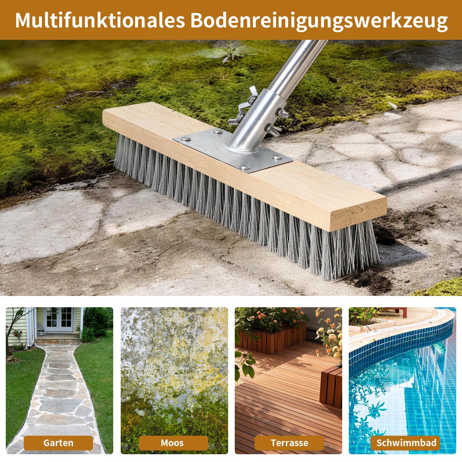 Balai Métallique Robuste avec Manche Télescopique 150cm, Brosse 40cm en Acier pour Enlever Mousse et Mauvaises Herbes, Nettoyage Puissant pour Terrasse, Jardin et Piscine (40 cm)