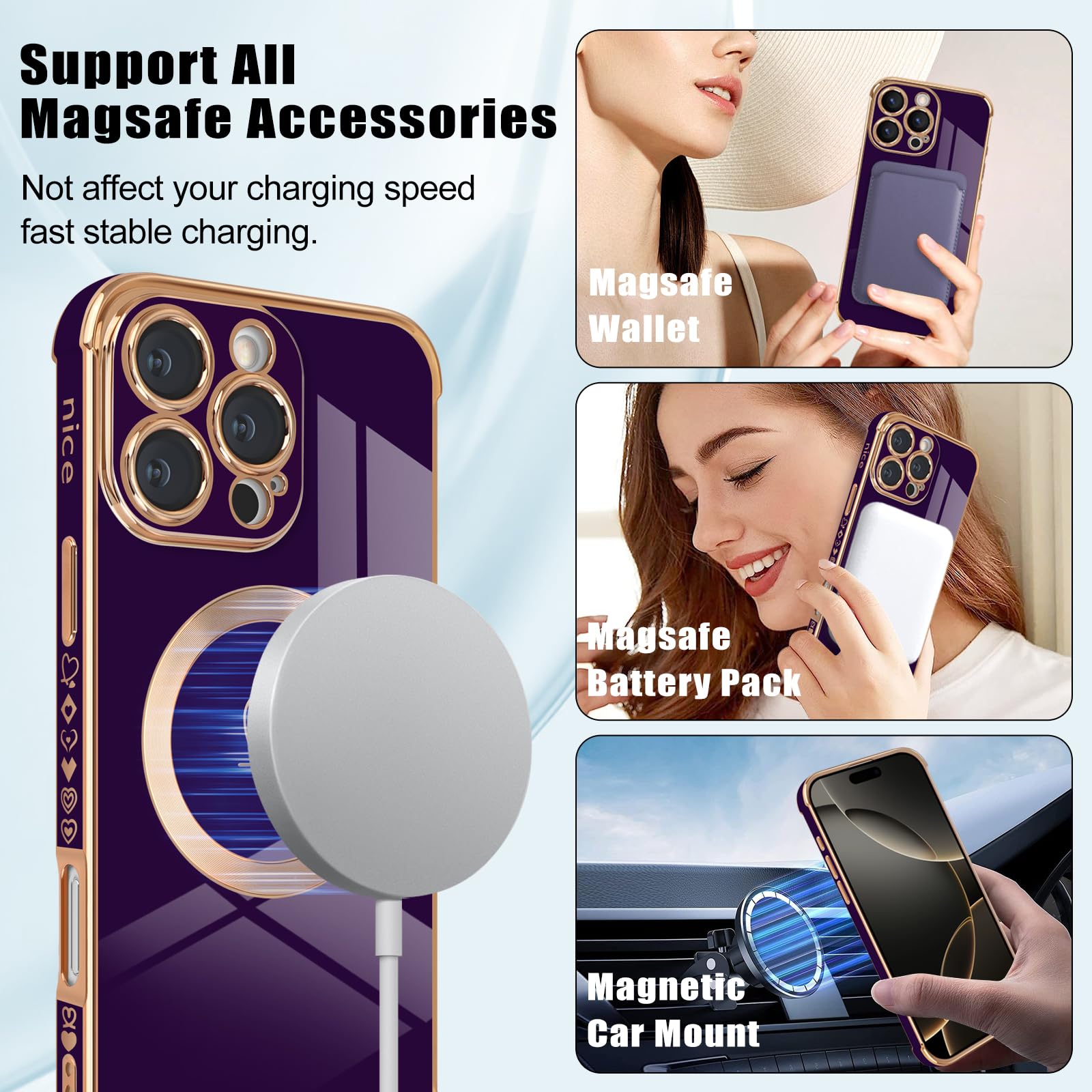 Newseego Custodia Magnetica per iPhone 16 Pro Max [Compatibile con Magsafe], Carino Cuore Ragazze Donne Morbido TPU Antiurto Fotocamera Copertura di Protezione per iPhone 16 Pro Max-Viola Scuro - Vista 5